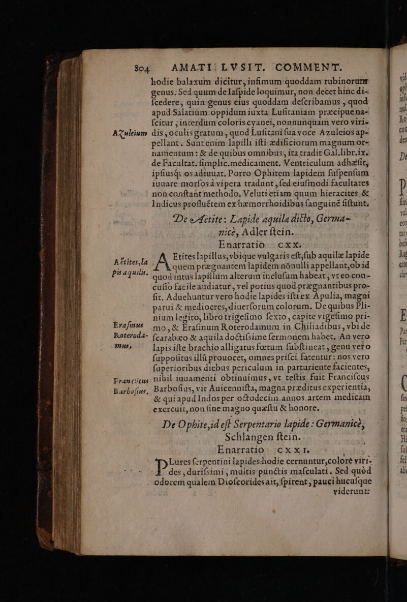 hodie balaxum dicitur; infimum quoddam rubinorunt genus. Sed quum de Iafpide loquimur, non decet hinc di- fcedere, quin genus eius quoddam defcribamus , quod apud Salatium:oppidum iuxta Lufitaniam przcipuena- fcitur ; incerdum coloris cyanei, nonnunquam vero viri- pellant. Suntenim lapilli ifti zdificiorum magnum or- namentum : &amp; de quibus omnibis, ita tradit Gal.libr.ix. de Facultat. fimplic.medicament. Ventriculum adhaffit, ipfius: osadiuuat. Porro Ophitem lapidem fufpenfum non conftant methodo. Veluti etiam quum hieracites. &amp; Indicus profluétem ex hzmorrhoidibus fanguiné fiftunt. De edétite: Lapide aquila dicto, Germa- nice, Adlerftein. |... Enarratio. | c X X. Etiteslapillus, vbique vulgaris eft/fub aquilz lapide quem przguantem lapidem nónulli appellant,ob id quod intus lapillum alterum inclufum habeat , vt eo con- cuffo facileaudiatur, vel potius quod przgnantibus pro- fit. Aduehuntur vero hodie lapides iftiex Apulia, magni parui &amp; mediocres, diuerforum colorum. De quibus Pli- nium legiro, libro trigefimo fexto , capite vigelimo pri- mua; lapis ifte brachio alligatus foetum fubftineat , genu vero fappofitus illà prouocet, omnes prifci fatentur: nos vero fuperioribus diebus periculum in parturiente facientes, Barbofius, vir Auicennifta, magna przditus experientia, &amp; quiapudIndos per o&amp;odecun annos artem medicam exercuit, non fine magno quzftu &amp; honore. De Opbitejid eff Serpentario lapide : Germanice, Schlangen ftein. Enarratio. Cx Xr. $5.4 ^ des, durifsimi , multis pünctis mafculati. Sed quód odorem qualem Diofcorides ait, fpirent ; pauci hucufque viderunt: