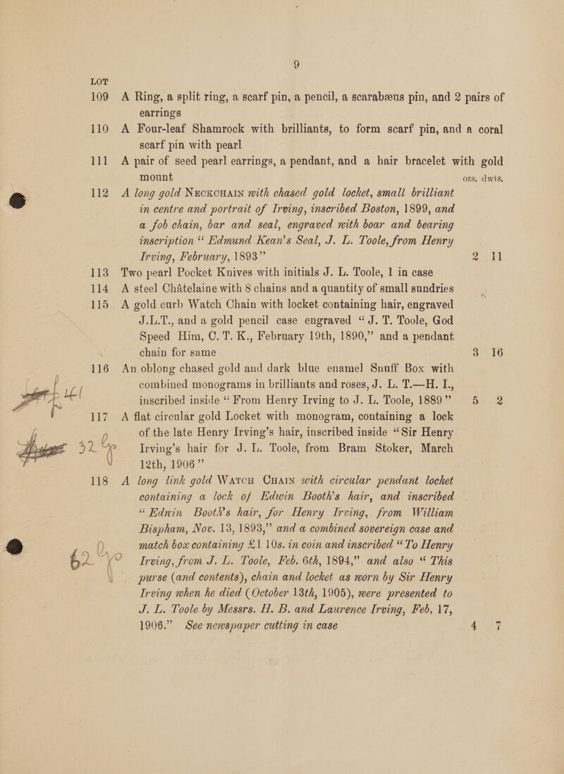 109 110 111 ; 112 o 113 114 115 116  7  earrings scarf pin with pearl mount A long gold NecKkcHAIN with chased gold locket, small brilliant in centre and portrait of Irving, inscribed Boston, 1899, and a fob chain, bar and seal, engraved with boar and bearing inscription ‘‘ Edmund Kean’s Seal, J. L. Toole, from Henry Irving, February, 1893” Two pearl Pocket Knives with initials J. L. Toole, 1 in case A steel Chatelaine with 8 chains and a quantity of small sundries A gold curb Watch Chain with locket containing hair, engraved J.L.T., and a gold pencil case engraved “J. T. Toole, God Speed Him, C. T. K., February 19th, 1890,” and a pendant chain for same An oblong chased gold and dark blue enamel Snuff Box with combined monograms in brilliants and roses, J. L. T.—H. I., inscribed inside ‘‘ From Henry Irving to J. L. Toole, 1889” A flat circular gold Locket with monogram, containing a lock of the late Henry Irving’s hair, inscribed inside “Sir Henry Irving’s hair for J. L. Toole, from Bram Stoker, March 12th, 1906” A long link gold Warcu CHAIN with circular pendant locket containing a lock of Edwin Booth’s hair, and inscribed “ Ednin Boot’s har, for Henry Irving, from William Bispham, Nov. 18, 1893,” and a combined sovereign case and match box containing £1 10s. in coin and inscribed “To Henry Irving, from J. L. Toole, Feb. 6th, 1894,” and also “ This purse (and contents), chain and locket as worn by Sir Henry Irving when he died ( October 18th, 1905), were presented to J. I. Toole by Messrs. H. B. and Laurence Irving, Feb, 17, 1906.” See newspaper cutting in case ozs, adwts, ayaa t 3 16 a 2 Bete: