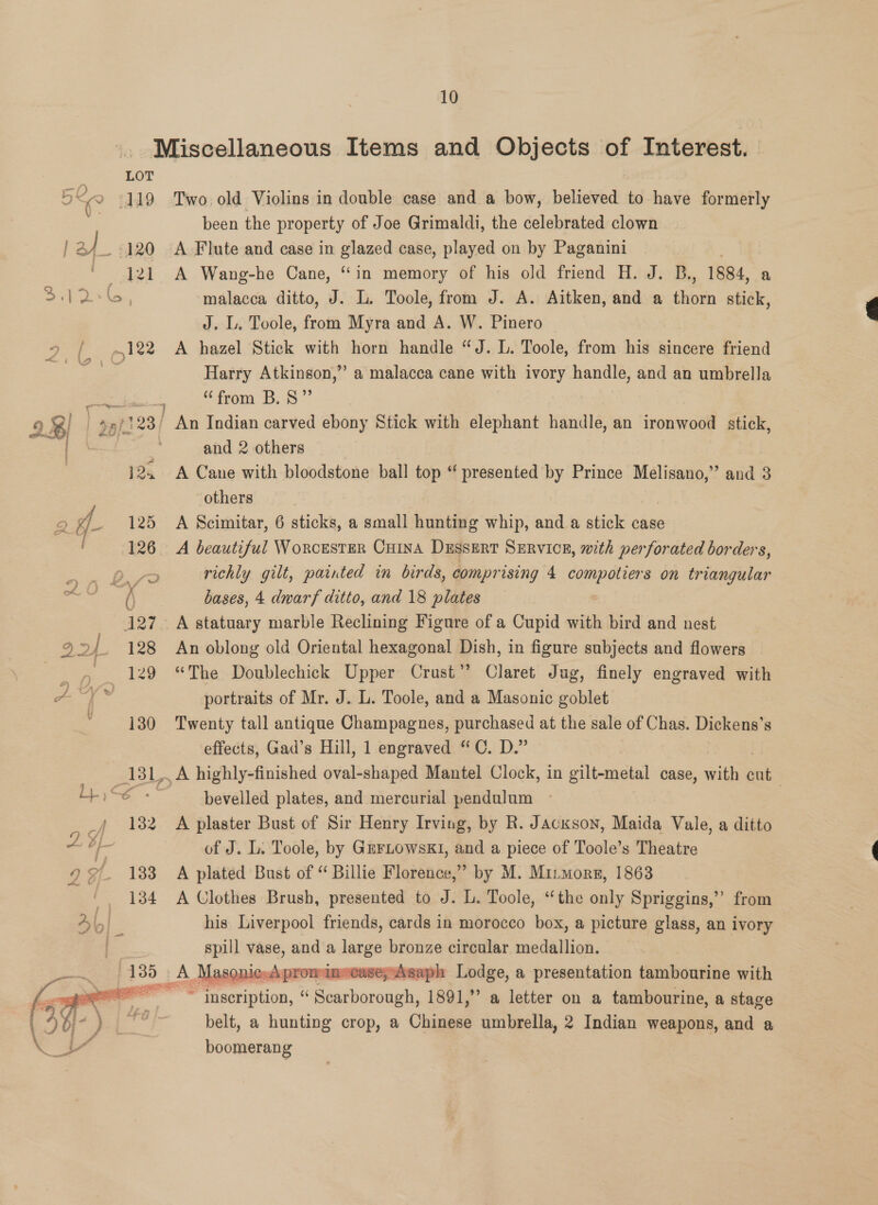 Miscellaneous Items and Objects of Interest. LOT I Tae? Two.old Violins in double case and a bow, believed to have formerly been the property of Joe Grimaldi, the celebrated clown | a) . 120 A Flute and case in glazed case, played on by Paganini ‘ 121 A Wang-he Cane, “in memory of his old friend H. J. B., 1884, a S.j2a-G, malacca ditto, J. L. Toole, from J. A. Aitken, and a thorn stick, J. L. Toole, from Myra and A. W. Pinero te Siee A hazel Stick with horn handle “J. L. Toole, from his sincere friend Harry Atkinson,” a malacca cane with ivory handle, and an umbrella les “from B.S ~’ 28) 49/123) An Indian carved ebony Stick with elephant handle, an ironwood stick, L* - and 2 others | | 12, A Cane with bloodstone ball top “ presented by Prince Melisano,” and 3 others 2 ge 125 A Scimitar, 6 sticks, a small hunting whip, and a stick case 126 A beautiful Worcester CuinA Dessert Service, with perforated borders, eS Re richly gilt, painted in birds, comprising 4 compotiers on triangular ae’ ( bases, 4 dwarf ditto, and 18 plates 127. A statuary marble Reclining Figure of a Cupid with bird and nest 924 128 An oblong old Oriental hexagonal Dish, in figure subjects and flowers - 3 129 “The Doublechick Upper Crust’? Claret Jug, finely engraved with a) portraits of Mr. J. L. Toole, and a Masonic goblet 130 Twenty tall antique Champagnes, purchased at the sale of Chas. Dickens’s effects, Gad’s Hill, 1 engraved ‘ C. D.” ile A highly-finished oval-shaped Mantel Clock, in gilt-metal case, “ithe cut | bevelled plates, and mercurial pendulum | 132 A plaster Bust of Sir Henry Irving, by R. Jackson, Maida Vale, a ditto ‘s of J. L. Toole, by GEFLowskI, and a piece of Toole’s Theatre 99). 183 A plated Bust of “Billie Florence,” by M. Mi:morn, 1863 134 A Clothes Brush, presented to J. L. Toole, “the only Spriggins,” from A, L| his Liverpool friends, cards in morocco box, a picture glass, an ivory | spill vase, and a large bronze circalar medallion. A Mas ed ninecaseyAsaph Lodge, a presentation tambourine with cotati eerption, “ Pies 1891,” a letter on a tambourine, a stage belt, a hunting crop, a Chasis umbrella, 2 Indian weapons, and a boomerang 