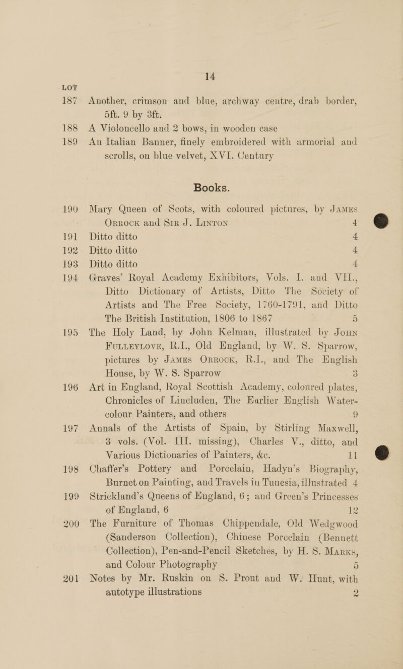 187 188 189 196 197 201 14 Another, crimson and blue, archway centre, drab border, dft. 9 by 3ft. A Violoncello and 2 bows, in wooden case An Italian Banner, finely embroidered with armorial and scrolls, on blue velvet, XVI. Century Books. Mary Queen of Scots, with coloured pictures, by JAmuEs Orrock and Sir J. Liyron 4 Ditto ditto 4 Ditto ditto 4 Ditto ditto 4 Graves’ Royal Academy Exhibitors, Vols. I. and VIL, Ditto Dictionary of Artists, Ditto The Society of Artists and The Free Society, 1760-1791, and Ditto The British Institution, 1806 to 1867 5 The Holy Land, by John Kelman, illustrated by Joun FuLLEeYLovE, R.I., Old England, by W. 8. Sparrow, pictures by JAMES Orrock, R.I., and The English House, by W. 8. Sparrow 3 Art in England, Royal Scottish Academy, coloured plates, Chronicles of Lincluden, The Earlier English Water- colour Painters, and others 9 Annals of the Artists of Spain, by Stirling Maxwell, 3 vols. (Vol. III. missing), Charles V., ditto, and Various Dictionaries of Painters, &amp;c. Li Chaffer’s Pottery and Porcelain, Hadyn’s Biography, Burnet on Painting, and Travels in Tunesia, illustrated 4 Strickland’s Queens of England, 6; and Green’s Princesses of England, 6 12 The Furniture of Thomas Chippendale, Old Wedgewood (Sanderson Collection), Chinese Porcelain (Bennett Collection), Pen-and-Pencil Sketches, by H. 8. Marks, and Colour Photography 5 Notes by Mr. Ruskin on 8S. Prout and W. Hunt, with autotype illustrations D)