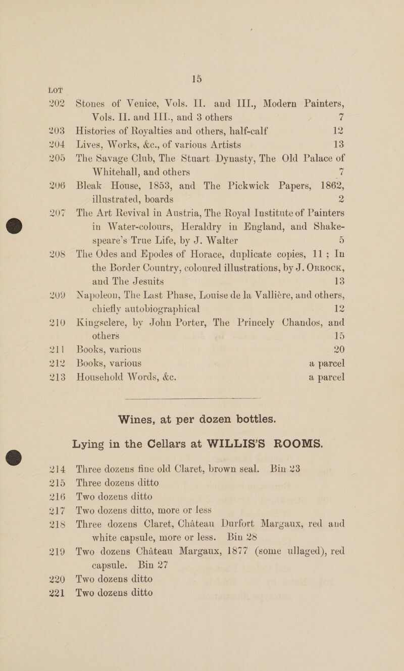 208 Stones of Venice, Vols. I]. and III., Modern Painters, Vols. II. and IL1., and 3 others : ve Histories of Royalties and others, half-calf 12 Lives, Works, &amp;c., of various Artists 13 The Savage Club, The Stuart Dynasty, The Old Palace of Whitehall, and others ca Bleak House, 1853, and The Pickwick Papers, 1862, illustrated, boards 2 The Art Revival in Austria, The Royal Institute of Painters in Water-colours, Heraldry in England, and Shake- speare’s True Life, by J. Walter 5 The Odes and Epodes of Horace, duplicate copies, 11; In the Border Country, coloured illustrations, by J. ORRock, and The Jesuits 13 Napoleon, The Last Phase, Louise de la Valliére, and others, chiefly autobiographical 12 Kingsclere, by John Porter, The Princely Chandos, and others 15 Books, various 20 Books, various a parcel Household Words, &amp;e. a parcel   Wines, at per dozen bottles. Lying in the Cellars at WILLIS’S ROOMS. Three dozens fine old Claret, brown seal. Bin 23 Three dozens ditto Two dozens ditto Two dozens ditto, more or less Three dozens Claret, Chatean Durfort Margaux, red and white capsule, more or less. Bin 28 Two dozens Chateau Margaux, 1877 (some ullaged), red capsule. Bin 27 Two dozens ditto Two dozens ditto
