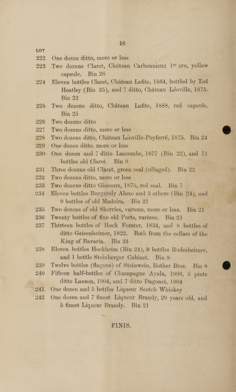 or) tw vo to i) ea) i) wv eo) co > w© 16 One dozen ditto, more or less Two dozens Claret, Chateau Carbonnieux 1° cru, yellow capsule. Bin 26 | Eleven bottles Claret, Chateau Lafite, 1864, bottled by Tod Heatley (Bin 25), and 7 ditto, Chateau Léoville, 1875. Bin 22 Two dozens ditto, Chatean Lafite, 1888, red capsule. Bin 25 Two dozens ditto Two dozens ditto, more or less Two dozens ditto, Chateau Léoville-Poyferré, 1875. Bin 24 One dozen ditto, more or less One dozen and 7 ditto Lascombe, 1877 (Bin 22), and 11 bottles old Claret. Bin 9 Three dozens old Claret, green seal (ullaged). Bin 22 Two dozens ditto, more or less Two dozens ditto Giscours, 1875, red seal. Bin 7 Eleven bottles Burgandy Aloxe and 3 others (Bin 24), and 9 bottles of old Madeira. Bin 21 Two dozens of old Sherries, various, more or less. Bin 21 Twenty bottles of fine old Ports, various. Bin 21 Thirteen bottles of Hock Forster, 1834, and 8 bottles of ditto Geisenheimer, 1822. Both from the cellars of the King of Bavaria. Bin 24 Eleven bottles Hockheim (Bin 24), 9 bottles Rudesheimer, and 1 bottle Steinberger Cabinet. Bin 8 Twelve bottles (flagons) of Steinwein, Rother Bros. Bin &amp; Fifteen half-bottles of Champagne Ayala, 1906, 5 pints ditto Lanson, 1904, and 7 ditto Dagonet, 1904 One dozen and 5 bottles Liqueur Scotch Whiskey One dozen and 7 finest Liqueur Brandy, 20 years old, and 5 finest Liqueur Brandy. Bin 21 FINIS.