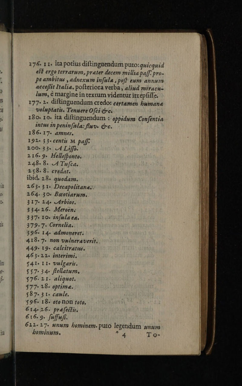 est ergo terrarum, preter decem millia paff. pro- ; pe ambitus , adnexum infula » pof? eum annurs : accefiit Italia. pofteriora verba , aliud miracu- lum, € margine in texcum videntur itrepfiffe. 177- 2- diftinguendum credo: certamen bumana voluptatis. Tenuere Ofci &amp;c. 180. 16. ita diftinguendum : oppiduza Con[entia intus in penin[Ma: fuv. dc. 186. 17- amnes. 192. 33 cents M. paff. 200.33. &amp;4 Liffo. 216.9. Hellefbonto. 248. 8. L4 Tufca. 2.58. 8. credat. ibid. 28. auoda. 263.31: Decapolitana.. 264. 30. Baeotiarum. 317* 24* eLrbios. 334-26. Meroen; 337: 10. infula ea. 379.7. Cornelia. 396- 14- admoneret. 418. 7. non vslneraverit. . 449-* 19» calcitratus. 463- 22. interimi, $41: II vulgari. $57: 34- flellatum. $76. 21. aliquot. $77: 48- optima. | $87.31. cage. j $96. 18- otonon toto, | 614-26. pra[fedli. | 616.9. fuffufi. || 611.217. unum bominem. puto legendum zsum u bominum. AD» T o- if