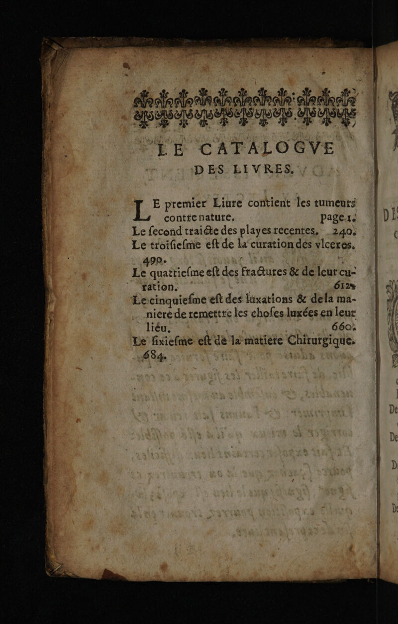 RTE ro TE CATALOGVE. DES EIVRES. 90. Ÿ | Le quattiefme eft des fraétures &amp; de leur cu- tation. | : 612% Le:cinquiefme eft des luxations &amp; dela ma- niéré de remettre les chofes luxées en leur liéu. | 660: Le fixiefme eft de la matière Chirurgique.