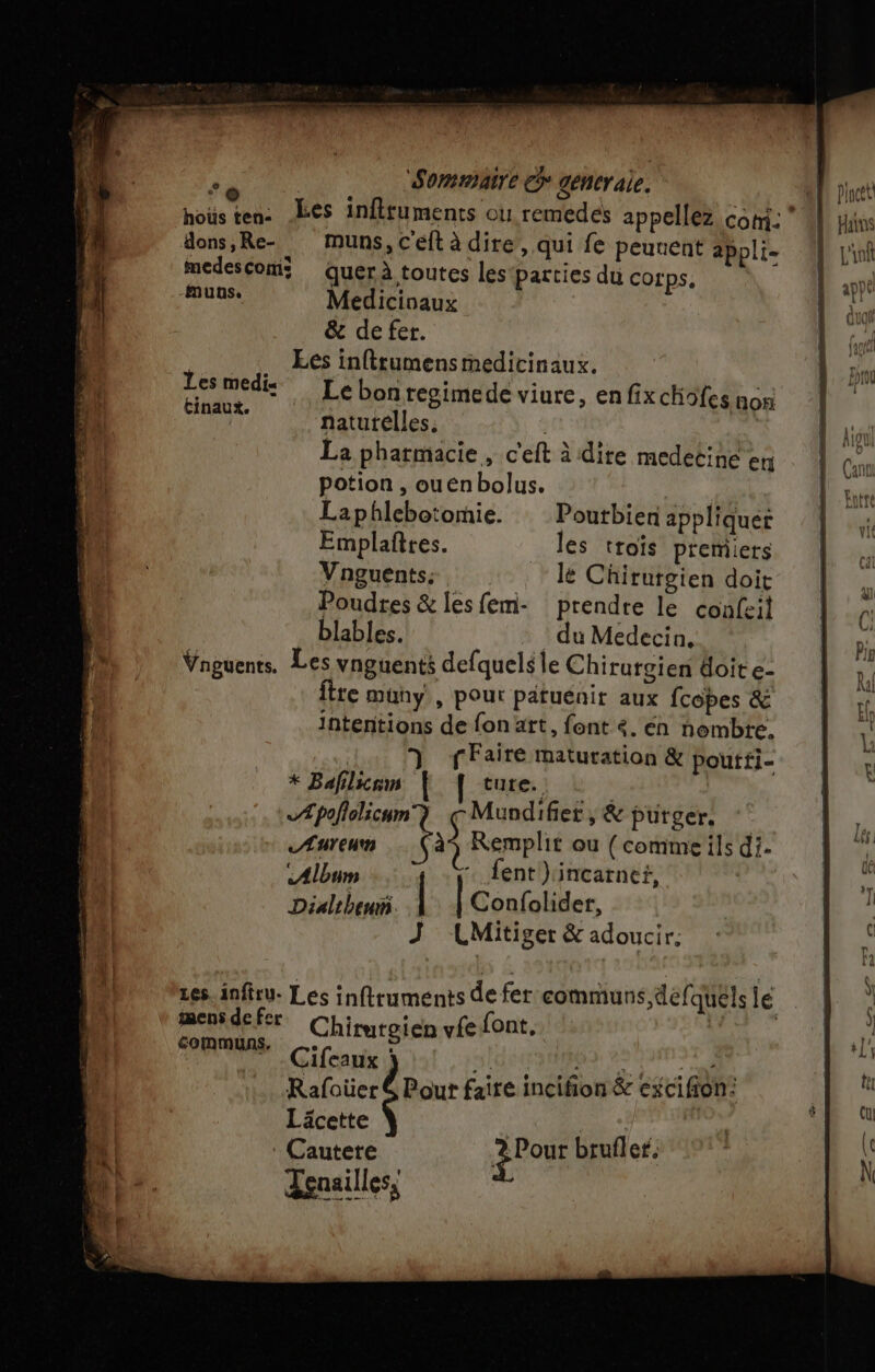 o a Sommaire gencraie. | hoüs ten: Les infituments ou remedes appellez com:  4f dons, Re- muns, C'eft à dire, qui fe peunent appli- L'inf LL medescoms querà toutes les parties du corps. n, 1 fe Medicioaux Lu | &amp; de fer. nd Eés inftrumensmedicinaux. s aie nue Le bon regimede viure, en fixchiofes nor Ë ) natutélles. | | | koi La pharmacie, c'eft à dire medecine en Can potion , ouenbolus. Le Laphlebotomie. Poutbienappliquet | n Emplaîttes. les trois premiers F Vnguents. le Chirurgien doit | . Poudres &amp; les fem- prendre le confeil c: blables. du Medecin, hp h Vnguents. Les vnguents defquels le Chirurgien doite- | n re müny, pour patuénir aux fcobes &amp; ge intentions de fon art, font 4. én nombre. \' | 7) fFaire maturation &amp; poutfi- n * Bafilicam | [ ture. | à Æpofolicum Fa ii Mundifet, &amp; purger. 1, Æureus Ka$ Rempl ou { comme ils di. ” Album -. fent'}incarnet, rs Dialtheuri. | LGonfoliler, À J ULMitiger &amp; adoucir: Les. infiru. Les inftruments de fer communs, defquêls le k mens de fer Chirurgien vfe font, { communs, … : +[' ”. Cifeaux sl ue 0 £ Rafoüer 6 Pour faire incifñion &amp; excifion: | ï Läcette | | | Cautere Pour brufler. | Lenailles,
