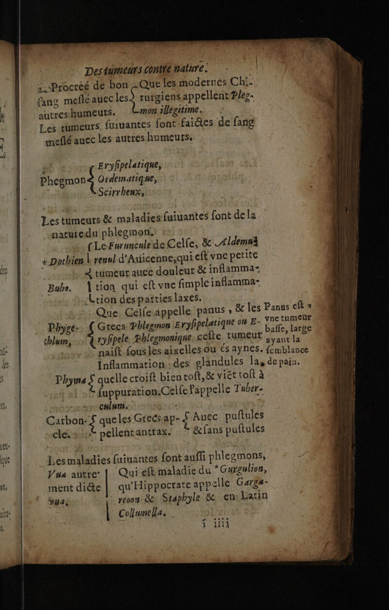 jes ».Procréé de bon Que les modernes Chi- autreshumeuts. #07 illegitime. Les tumeurs fuuantes font faidtes de fang meflé auec les autres humeurs. - Eryfpelatique, Phegmon à Ocdrmstique | \Scirrheux, Les tumeurs &amp; maladies fuiuantes font de la naturedu phlegmon. (LeFuruncule de Celle, &amp; AÆAldemsiA + Dothien L yenul d'Axicenne,qui eft vne petite À tumeur auec douleut &amp; inflamma= Bubo, tion qui eftvne fimple inflamma- Ltion despaïties laxes. : Que. Gelfe appelle panus » &amp;c les Panus ef » Phyge-. ( Grecs Phlegmon Eryhpelatique oh E- ete chlum {, fipele. Phleemonique. celte tumeur aile, 16e ; JF a | ; ayant la | naift. fous les aixelles ou és aynes. femblance Inflammation. des glandules la, de pain. Phyme $ quelle ctoift bientot, 8 viéttotà fuppuration.Celfe Pappelle T'aber- rer Calame. buis Garbon? que les Grecs ap- + Auec puftules cles + 1 pellentantrax. &amp;fans puftules