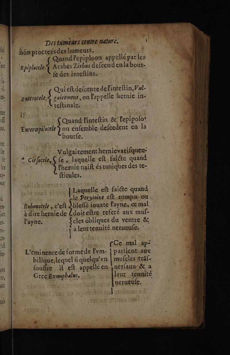 aôn procreésdes humeurs. À Quand Pépiploon appellé pat les pin Arabes Zirbs defcend enla bout- S fe des inteltins. Quiéftdefcente dePinteftin, al- pure À gairement , on appelle hernie in- Vteftinale. ; . à: (Quand tinteftin &amp; fepipolo® Enreræpilocele‘) on enfemble defcedent en la bourfe. Vulgairement hernievatifqueu- * Citfocele, Ç Le , laquelle eft, faite quand R fhernie naift és tuniques des te- fticules. Laquelle eft faite quand le Perytoire eft rompu ou \ Bubonocele , c’eft j blellé iouxte Payne, ce mal à dire hetniede ldoitéltre referé aux muf- l'ayne. $cles obliques du ventre &amp; | à leuttenuité.nerueufe. | Ce -mal :ap= L'éminence de forméde fvm- ! partient aux bilique;lequel Gi quelqw'vn | mufcles träf- foufie il ef appellé en juerfaux &amp; a GrecExemphalns.. 1, : leur .tenuité | nerueufe. J