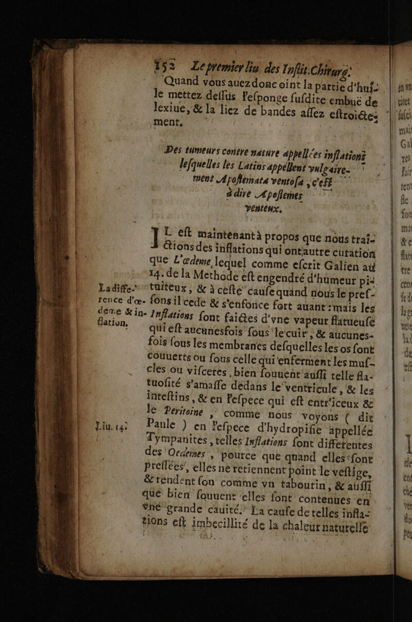 re &amp; os 252 ZLepremier lin des Inflit.Chitarg: le mettez deffüs Fefponge fufdite embuë de lexiue, &amp; la liez de bandes aflez eftroiéte: ment. jé AR Fi 11, à Des tumeurs contre nature ap pe Uées î flationà lefquelles les Larins appéllent vulz dire men? Apofemata vento[é Cet d'aire Æpoflernes venteus, ] L'eft maintenantà propos que nous trai- étions des inflations quiontautre cutation que L'œdeme lequel comme efcrit Galien au 14 de la Methode eft engendré d'humeur pi: Ladife tüiteux, &amp; à cefte” caufe quand nous le pref- fence d'œ. fonsilcede &amp; s'enfonce fort auant:mais les ceme &amp;in- I#fatiens font faiétes d’yne vapeut flatueufé flation, qui eft aucunesfois fous ‘lecuir : &amp; aucunes- fois (ous les membranes defquelles les os font COuuerts Ou fous celle qui enferment les mu: cles ou vifcetes , bien fouuent'aufli telle Ha tuofité $’amafle dedans leventricule , &amp; les inteftins , &amp; en Pefpece qui eft entr'iceux &amp; le Peritine | comme nous Voyons ( dit Paule ) en Pefpece d'hydropifie ‘appellée Tympanites , telles Infarsons font différentes ES Oedemes , pource que quand elles ‘font Prellées’, elles ne retiennent point le veftice, &amp; téndent (on comme vn taboutin , &amp; auffi que bien fouuent elles font contenhes en Vné grande cauité.' Ja caufe detelles inflas tions ef imbecillité de la chaleur naturelle Liu 14 ps — | Eu res + e2 Ca} TD 5