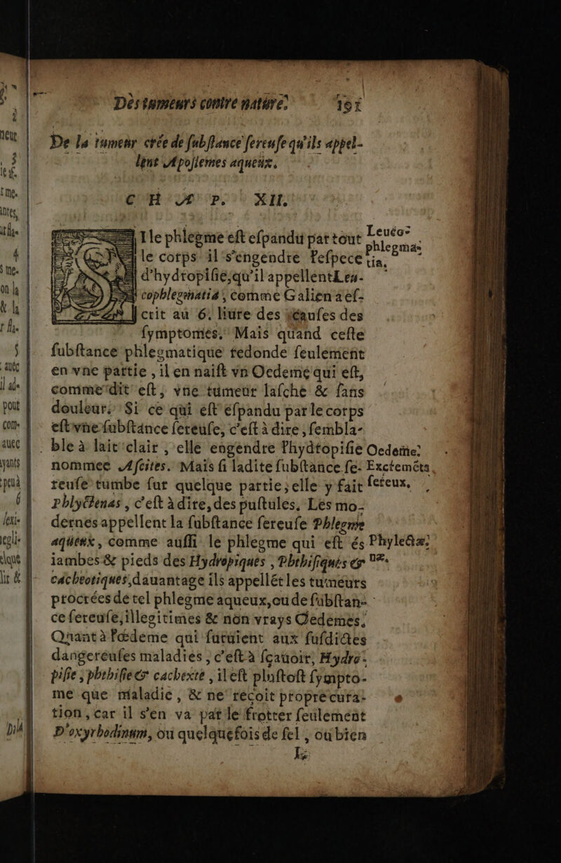 + De La tumeur: crée de fubfance fereufe qu'ils appel line Apojiemes aqueux, CH Æ# P,. XII = 1 le phlégme eft efpandi pat tout le corps il's’engendre Pefpece LE] d'hydropife,qu’il appellént£Les- LA cophlezatia, comme Galien aef- Jcrit au 6. Mure des téaufes des ”. fymptomiés, Mais quand celle fubftance phlesmatique fedonde feulemeñt en vne partie , il en naift vn Ocdemé qui eff, commedit eft, vne tumeur lafche &amp; fans douleur: Si ce qui eff éfpandu par le corps | eftwnefubftance fereufe, c’eft à dire, fembla- |. bleà lait'clair , ellé engendre fhydtopifie Ocdeiñe: nommee .Afcites. Maïs fi ladite fubftance fe: Excteméta reufe tumbe fur quelque partie;elle y fait feteux, phlyétenas , c’eft à dire, des puftules, Les mo- dérnes appellent la fubftance fereufe Phlesmie aqüex, comme aufll le phleome qui eft és Phyleäæ; iambes&amp; pieds des Hydrepiques , Phthifiqués ér 7: cacheotiques dauantage ils appellétles tumeurs ptocrées de tel phlegme aqueux,ceude fübftan: ce fereufe,illepitimes &amp; non vrays Dedémes. Quant à Pœdeme qui futuient aux fufdidtes dangereufes maladies, c’eft à fcauoit, Hydro: pife phehiie&amp; cachexré , ileft pluftoft fympto- me que maladie, &amp; ne recoit proprecura: tion, car il s’en va pat le frotter feulemént D'exyrhodinm, ou quelquefois de fel | oubien Leuée: phlegmas ta,