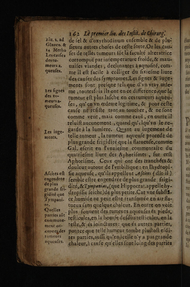 destu- meurs 1, queufes, Les fignes des tu- meuts a- queufes. Les iuge- ments, Alcites eft engendree deplus gidité que Tympani- re. Quelles parties sôt ment OoC- cupeesdes turñeurs aqueufes. fieurs autres chofes de cefte forte Or lesicau- fes de telles tumeurs {6t la faculté alteratrice corrompué par intemperature froide, &amp; mau- uaifes viandes, declinantes àaquofité, com- me il eft facile à colliger du fixiefme liure des caufes des fymptomesiLes fignes &amp;iuge: ments font. prefque tels que. d’vn ytay.&amp;de- me ;toutesfois ilsont en ce difference;que le tumeur eft plus lafche en cestumeurs aquèu- fes, qu'en vn œdeme leuitime, &amp; pour cefte caufe né refifte tant-au.toucher , &amp; nefont comme vent,mais comme caué , en outtell garde à la lumiere. Quant au iugément.de telle tumeur , latumeur aqueufe procede de plusigrande fricidité. que la flatueufe,comme Gal. efcrit en Pvnziefme commentaite du quatriefme liure des Aphotifmes, fur..ceft Aphorifme. Ceux qui: ont des tranchées &amp; douleutautour de Pymbilique: en Fhydropi- fie aqueufe , qu'ilsappellent .4fcires { dit-il } femble eftre engendrée derplus grande, frigi- dité,&amp;Tympaniss,(que Hippocrat,appellehy- dropifie feiche)de plus petite.Cat vne fubff#- ce humide.ne peut eftre tranfmuée enr fla- - plus::fouuent des tumeurs aqueufesés pieds, teflicules,en la bourfe defditstefticulesssen là tefte,&amp;,ésioinures: queés autrésipartiés, pource que telle humeur tombe pluftoit edi- tes parties,aufhi qu’enicelle n’y a pasgrande chaleur, caufe qu'elles fontloine del parties