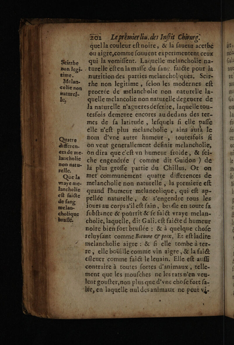 | Scirrhe |. poñ Fepi- : time. Melan. coke non paturek. | FR Quatre &amp;iffcren. Bancholie non natu- relle. Que la Vraye me- Jancholie cf faide de fang melan- cholique brule, 302 Le rie lin. aes Fnfi Cher ou aigre,comme fouuent experimentent ceux qui la vomiflent. Laquelle melancholie na- nutrition des parties melancholiques. Scir- the non legitime , felon les modernes eft proctée de melancholie non naturelle la- quelle mélancolie non natutelle desenere de Ja naturelle n’agueresdefcrite, laquelle tou- tesfois demeure encores au dedans des ter- mes de fa latitude , lefquels f elle paffe élle n’eft plus melancholie , ains aura le fom d'vne autre humeur, toutesfois fi on veut generallement definir melancholie, on dira que c'eft vn humeur froide, &amp; fei- che engendrée { comme dit Guidon } dé li plus grofle partie du Chillus: Ot on met communément quatte differences de melancholie non naturelle , la premiere eft quand Fhumeur mélancolique, qui eft ap- pellée naturelle, &amp; s'engendre tous les jouts au corpss'ileft fain, brufle en toute fa fubftance &amp; pourrit &amp; fe fai@ vtaye melan- cholie, laquelle, dit Gali.eft faiée d humeur noite bien fort bruflée : &amp; à quelque chofe reluyfant comme Brume © poix, Et eftladite melancholie aigre : &amp; fi elle tombe à ter- re, elle bouille comme vin aigre, &amp; lafaié €fleuer comme fai@ leleuain. Elle eft auf contraire à toutes fortes d'animaux , telle. ment que les moufches ne les ratsn'en veu- lent goufter,non plus que d’vne chofe fort fa. lée, en laquélle nul desanimaux ne peut | cos ch Ce 2e, Je ce» es D pus US CD LT) ee