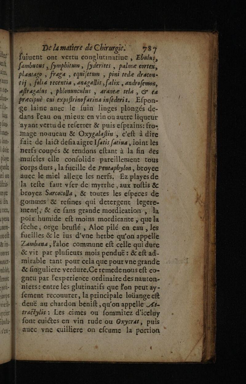 les Qt ain, Jants ie. lie hts Loue Diéts Date | doit phye pate el on lié ütge à é Én 4 due } eelt | &amp; in _ rareté tiet- nblé, [em pi D (TPS U De lamatiere de Chirurgie: 787 fuiuent ont vertu conglutinatiue | Ebalus, plantago , fraga , eqmiletum , pini rede dracon- tij ; folie recentia , anagallis,falix , androfemon, afiragalus ,:phlonunculus , araneæ tels , &amp;° 6e dans Peau où mieux en vin ou autre liqueur ayant vertu de telerrer &amp; puis efprains: fro- Mage nouueau &amp; Oxygalaflin , c'eft à dite fait de lai@ défiaaigre Ifatis fatina , ioïint les nerfs coupés &amp; tendons eftant à la fin des mufcles elle confolide pareillement tous corps durs , la fueille de Pentaphylon, broyee auec. le miel allege les nerfs. ÆEz playes de la tefte faut vfer de myrrhé aux roftis &amp; broyez Sarcocolla , &amp; toutes les efpeces de gommeés &amp; refines qui detergent lerere- ment!; &amp; ce fans grande mordication , la poix humide eft moins mordicante , que la feche, orge btuflé , Aloe pilé en eau , les fueilles &amp; le ius d’vne hetbe qu'on appelle Zambana ; faloe commune eft celle qui dute &amp; vit par plufieuts mois penduë: &amp; eft ad- mirable tant pour cela que pour vne grande &amp; finguliere verdure.Çe remedenous eft co- gneu par Pexperience ordinaite des nauton- niets: entre les glutinatifs que fon peut ay- fement recouurer, la principale loüange eft deu£ au chardon benift , qu’on appelle #4 tracéylis : Les cimes ou fommitez d'iceluy font euiétes en vin rude ou Oxycrat, puis auec vnc çuilliere on efcume la portion ——— mnt em é r ÉCART RE 5 re = Er RS Z: OT PRE OX 2e ER RDS ee | RES VOIS D Too ge te bp Er SE