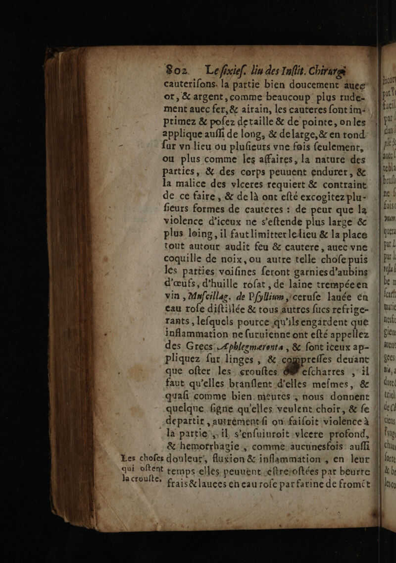 Soz Lefixiel. Liu des Inlit. Chiraræ cauterifons. la partie bien doucement auee ot, &amp;argent,comme beaucoup plus rude- ment auec fer,&amp; airain, les cauteres font im: ptimez &amp; pofez detaille &amp; de pointe, onles applique auff de long, &amp; delarge,&amp; en tond fur vn lieu ou plufeuts vne fais {eulement, ou plus comme les affaires, la nature des parties, &amp; des corps peuuent endurer, &amp; la malice des vlceres requiert &amp; contraint de ce faire, &amp; de là ont efté excogitezplu- fieurs formes de cauteres : de peur que la violence d’iceux ne s’eftende plus large &amp; plus loing , il fautlimitterlelieu &amp; la place tout autout audit feu &amp; cautere , auecvne coquille de noix,ou autre telle chofepuis les patties voilines feront garnies d’aubins d'œufs, d’huille tofat , de laine trempéeen vin , Mnfcillag. de Pfyllinn,/cerufe lauée én eau rofe diftillée &amp; tous autres fucs refrige- rants , lefquels pource qu’ilsengardent que des Grecs, Æphlesmæronts , &amp; font iceux ap- pliquez fur linges , &amp; cagprefles deuant que ofter les crouftes M charres rl faut qu’elles branflent d'elles meîmes, &amp; quelque figne qu'elles veulent choir, &amp; fe &amp;'hemotrhagie ; comme aucunesfois : aufli temps elles peuuënt.éftresoftées par beurre frais &amp;lauees en eau rofe par farine de fromét | un que Jpar L par | teba {ben | fear quatie nel glen: men! L'aces a, : dure. ttiol deç/ cles Frng 1 lch | lorte an&amp; b ET