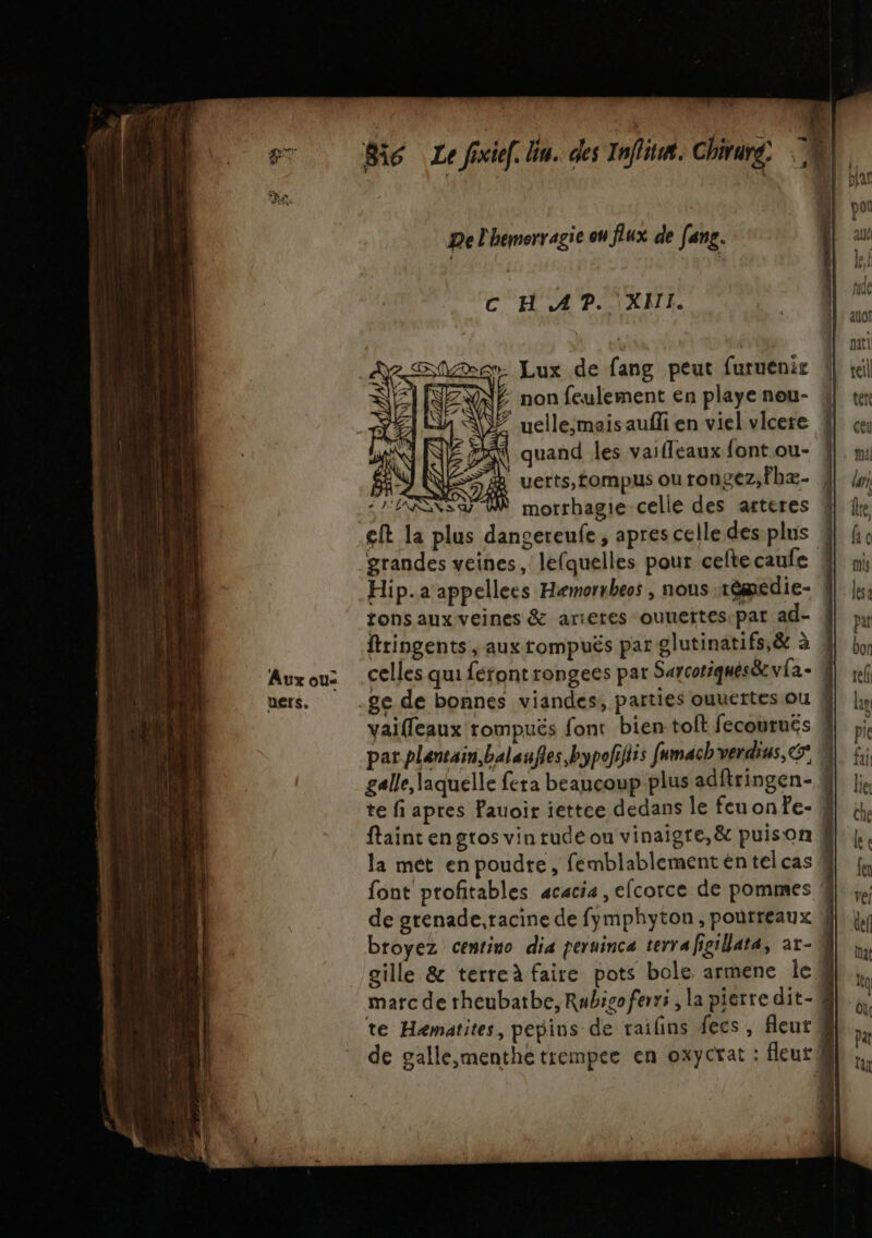 Te ne mr re Le us Aux ou: uers. De l'hemerragie ou flux de [ane. C H AP. XHMI. Lux de fang peut furuenis £ non feulement en playe nou- uelle;mais aufli en viel vlcere N quand les vaiffeaux font ou- j uerts,fompus Où tongez;fhæ- 4 morrhagie celle des arteres ! eft la plus dangereufe ; apres celle des plus grandes veines, lefquelles pour ceftecaule Hip. a appellees Hæmorrbeos , nous rémedie- | tons aux veines &amp; arieres ouuertes-pat ad- ftringents, aux rompuës par olutinatifs,&amp; à celles qui féront rongees par Sarcoriqués&amp;ev{a - vaifleaux rompuës font bien toit fecouruës 4 par plantain,balaufles bypofiftis fumachverdius, € &amp; galle, laquelle fera beaucoup plus adftringen- # te fi apres Pauoir iettee dedans le feu onfe- ftainten gtos vintudéou vinaigre,&amp; puison la met en poudre, femblablement éntelcas # font profitables acacia, efcorce de pommes 4 de grenade,racine de fymphyton, pourreaux 4 broyez centino dia pernince terrafigillata, at-W gille &amp; terreà faire pots bole armene le &amp; marc de rheubatbe, Rubigo fer , la pierre dit-# te Hematites, pepins de railins fecs, fleur! de galle,menthe trempee en oxycrat : fleur (fl