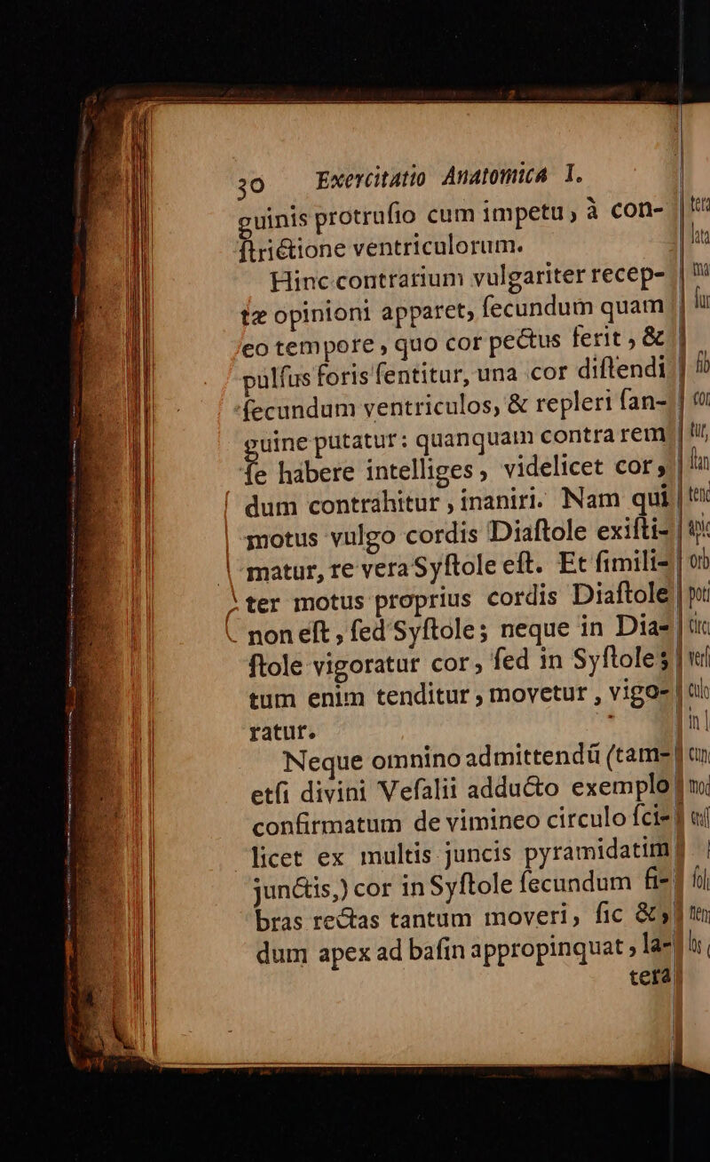 guinis protrufio cum impetu , à con- | firi&amp;tione ventriculorum. l| Hinc contrarium vulgariter recep- | n tz opinioni apparet, fecundum quam !| MI eo tempore , quo cor pectus ferit ; &amp; | I pülfus foris fentitur, una cor diftendi |] '? B fecundum ventriculos, &amp; repleri fan-1] 6 I »uine putatur: quanquam contra rem] t i fe habere intelliges, videlicet cor, | ln Tl dum contrahitur , inaniri. Nam qui.| tti | | motus vulgo cordis Diaftole exifti- | ux | matur, re veraSyftole eft. Et fimili- | 9 l ^ter motus proprius cordis Diaftole | vt 1 . non eft, fed Syftole; neque in Dias | t ftole vigoratur cor; fed in Syftole$ | «i tum enim tenditur ; movetur , vigos | ti | NI ratur. inl Ii Neaue omnino admittendü (tame | an | et(i divini Vefalii adducto exemplo fi | confirmatum de vimineo circulo Íci-f uj l| licet ex multis juncis pyramidatim] | E | jun&amp;is,) cor in Syftole fecundum fi- ] ^i E ! bras rectas tantum moveri, fic &amp;y fin 1 dum apex ad bafin sppropinquet a Ir teta