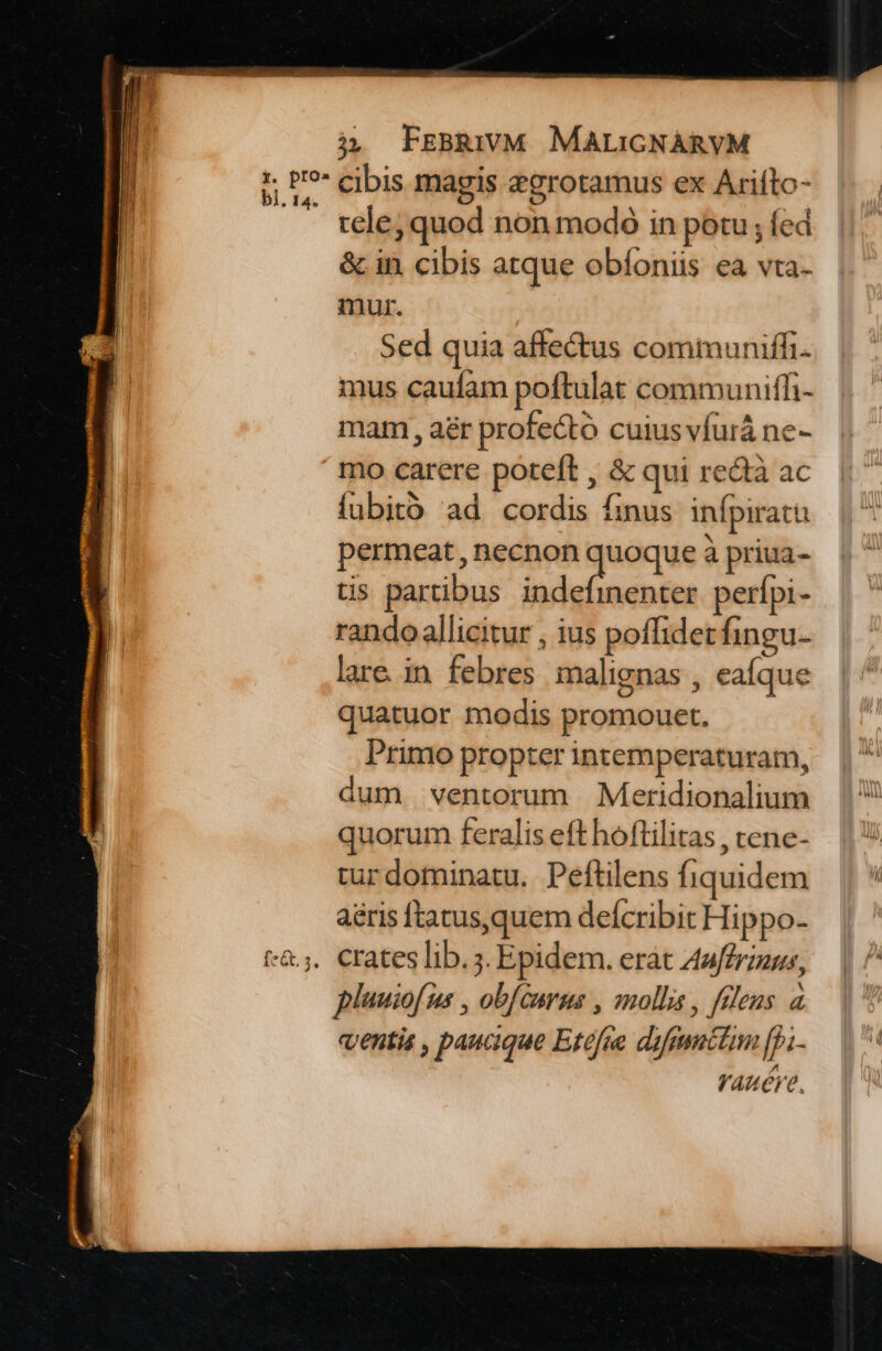 tele, quod non modo in potu ; fed &amp; in. cibis atque obíoniis ea vta- mur. Sed quia affectus communiffi. mus caufam poftulat communiffi- mam, aér profecto cuius vfurá ne- mo carere poteft , &amp; qui redtà ac fubitó ad cordis finus infpiratu permeat, necnon Men à priua- tis partibus indefinenter. perfpi- rando allicitur , ius poffidetfingu- lare. in febres malignas , eaíque quatuor modis promouet. Primo propter intemperaturam, dum ventorum Meridionalium quorum feralis eft hoftilitas , cene- turdominatu. Peftilens fiquidem aéris ftatus,quem defcribit Hippo- crates lib. 5. Epidem. erat 4affrzaus, ventis , paucique Btefue difemilim [pi- lAuére.