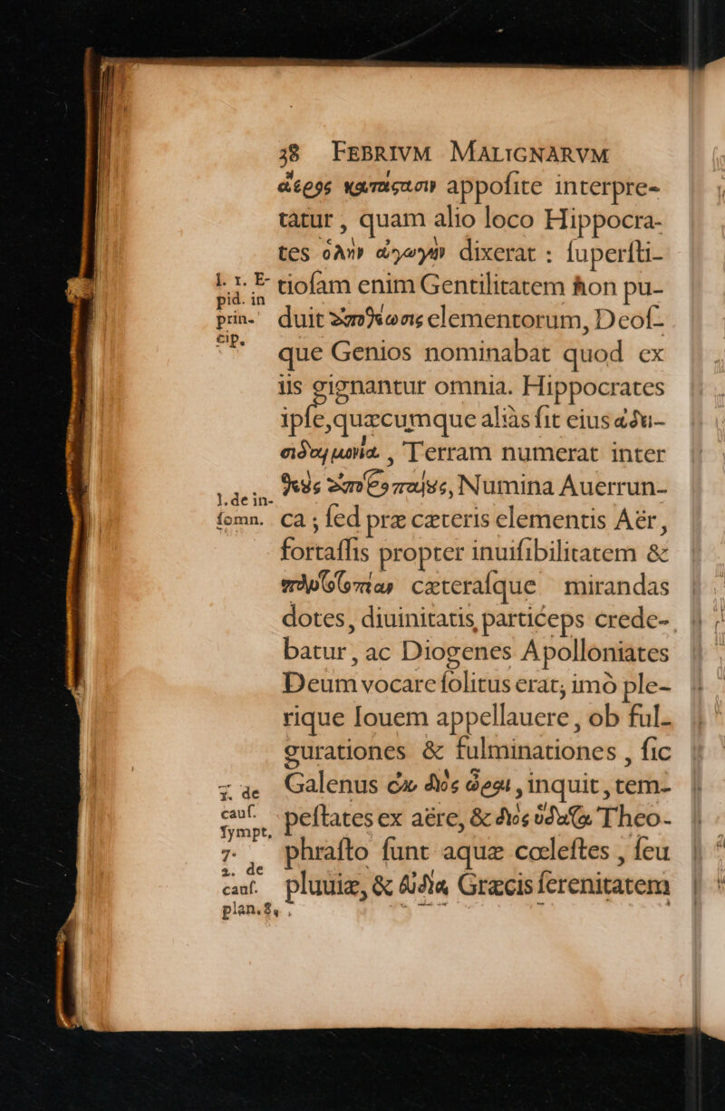 Y. de cauf. Tympt, 7* 2. a€ cauf. 38. FEBRIVM MALIGNARVM &amp;£e9s xwmieuow appofite interpre- tatur, quam alio loco Hippocra- tes oA» dod dixerat : [uperfti- tiofam enim Gentilitatem hon pu- duit 2; «onc clementorum, Deof- que Genios nominabat quod cx us ! casn omnia. Hippocrates ipfe,quzcumque aliàs fit eius 43u- eiówy uiia. , Terram numerat. inter 93s 2m» radius, Numina Auerrun- ca ; fed prz ceteris elementis Aér, fortaffis propter inuifibilitatem &amp; wAp(socia» cxteralque —mirandas dotes, diuinitatis, particeps crede-. | batur, ac Diogenes Apolloniates Deum vocarc folitus erat; imó ple- rique Iouem appellauere , ob ful. curationes &amp; fulminationes , fic Galenus c» 46s óeai , inquit ,tem- peflates ex aére, &amp; 4e o9 Theo- phrafto funt aque cocleftes , feu pluuiz, &amp; 44a Grecis ferenitatem