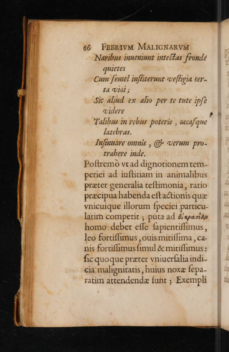 Naribus inueniumt inte&las fronde quietes Cum femel m[litermmt cve[lgia cer. £4 (Uldl ; Sic aliud. ex alo. per te tute ipfe videre | Talibus in rebus. poteris , eecafque. latebras. Jufmuave ounis , (Qf «verum. pro- tyabere inde. Poftremo vtad dignotionem tem- periei ad. iuflitiam in. animalibus preter generalia teftimonia, ratio precipua habenda efta&tionis quz vnicuique illorum fpeciei particu- latim competit ; püta ad &xpazidp homo debet effe fapientiffimus, leo fortiflumus , ouis mitifItma , ca- nis fortiffimus fimul & mitiffhimus: fic quoque prater vniuerfalia indi- cia malignitatis , huius noxa fepa- ratim attendenda funt ; Exempli