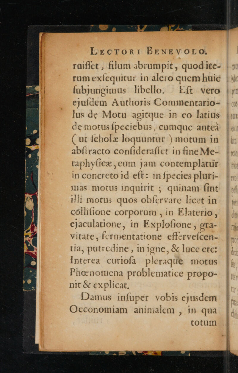 m LrEcron: BEeNEvoro. raiffet , filum abrumpit ; quod ite- rum exfequitur in alero quem huic íubjungimus libello. Eft vero ejufdem Authoris Commentario- lus de Motu agitque in eo latius de motus fpeciebus, cumquc anteà ( ut ícholx loquuntur ) motum in abfiracto confiderafler 1n fine Me- taphyíice , eum jam contemplatur in concreto id eft: in [pecies pluti- mas motus inquirit ; quinam fint illi motus quos obfervare licet in cóllitione corporam , in Elaterio, cJaculatione, in Explofione , pra- vitate, fermentatione cffervefícen- tia, putredine , in igne, &amp; luce etc: Interea curiofa pleraque motus Phoenomena problematice propo- nit &amp; explicat, Damus infuper vobis ejusdem Occonomiam animalem , in qua | totum