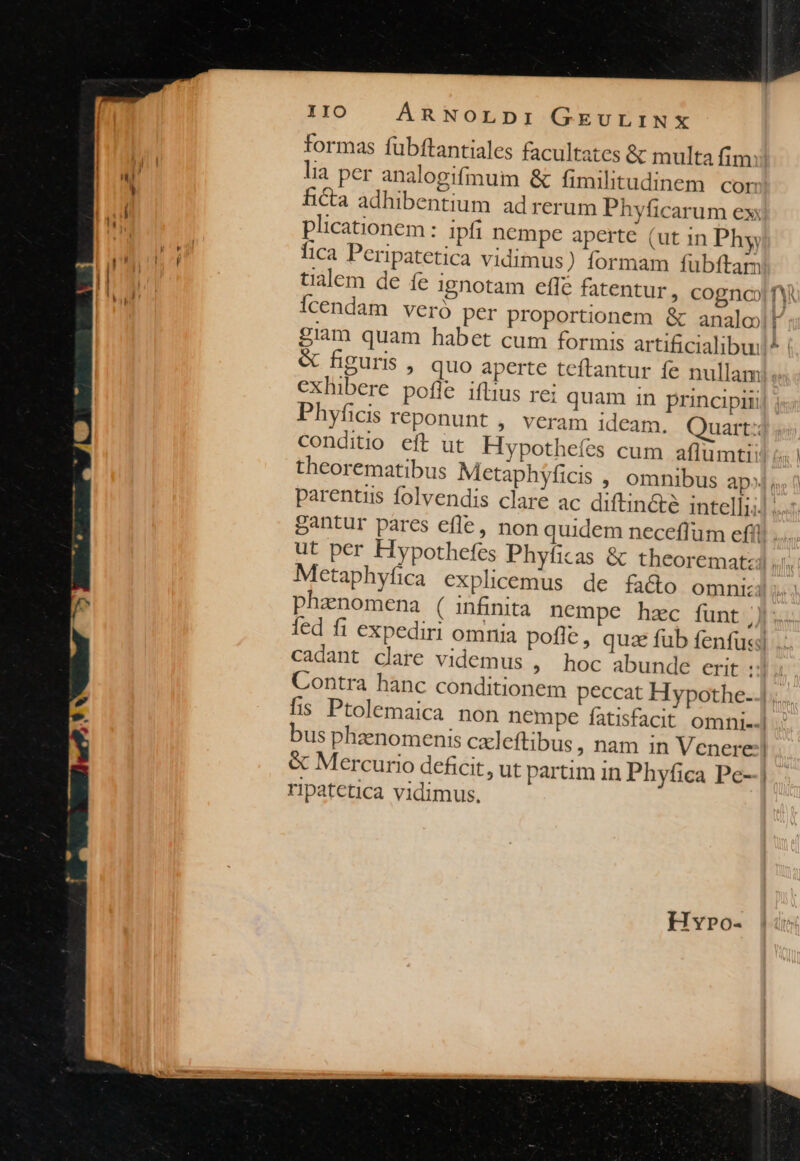 formas fübftantiales facultates &amp; multa fim: lia per analogifmuim &amp; fimilitudinem cor hicta adhibentium ad rerum Phyficarum ex: plicationem: ipfi nempe aperte (ut in Phy, fica Peripatetica vidimus ) formam fubftam tialem de fe ignotam efle fatentur, cogno Yt icendam veró per proportionem &amp; analol giam quam habet cum formis artificialibui figuris , quo aperte teftantur fe nullam!. exhibere pofle iftius rei quam in principii Phyficis reponunt , veram ideam. Quart: conditio eft ut. Hypothefes cum aflümti c. i theorematibus Metaphyficis , omnibus ap^ parentis folvendis clare ac diftin&amp;é intelli; gantur pares efle, non quidem neceflum effi ut per Hypothefes Phyficas &amp; theorematzi ,;. Metaphyfica explicemus de fa&amp;o omnizi phanomena ( infnita nempe hzc fünt à fed fi expediri omnia pofle, quz fub fenfusj cadant clare videmus , hoc abunde erit : | Contra hànc conditionem peccat Hypothe-.] .. fis Ptolemaica non nempe fatisfacit omni--] . bus pheenomenis cxleftibus ; nam in Venere:] &amp; Mercurio deficit, ut param in Phyfica Pe-.] ripatetica vidimus. * —