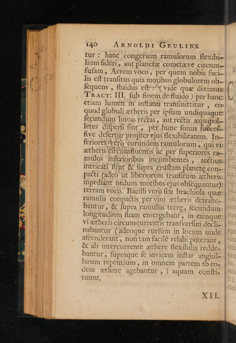 tur: hanc congeriem ramulorum flexibi-- lium fidéri, aut planetz cometave circum- fufam, Aerem voco, per quem nobis faci-- TRacr: III. fub finem de fluido ) per hanc: etiam lumen ih inftanti trahfinittitur , €o quod globuli ztheris per ipfum undiquaque fecundum lineas ré&amp;as , aut rectis zequipol-- letes difperfi fint, per hunc fonus fuécef.. fivc defertur propter ejus flexibilitatem. In-. feriores!véro 'éorundém ramülorum , qui vii &amp;theris Circamfluentis àc per fuperiores ra-. mulos inferioribus incumbentes , arétius: intricati fünt &amp; füpra crüftam planete con- pacti (adeo ut liberiorém tranfitum aetheris inpediánt nedum motibüs cjus obfeqnantur) terram voco. Bacilh veró feu brachiola quae ramulis conpactis per vim ztheris detrahc- bantur, &amp; fupra ramulos terre, fecundum longitudinm füam cmergebant, in camque Viztheris circumcurrentis tranífverfim decli- nabantur (adeoque rurfum in locum unde afcenderant, nontam facilé relabi poterant , &amp; ab intercurrente aethere flexibilia redde- bantur, fupraque fe invicem inftar anguil- larum repentium , in omnem partem ab eo- dem zethere agebantur ,) aquam confti tuunt, | ATL