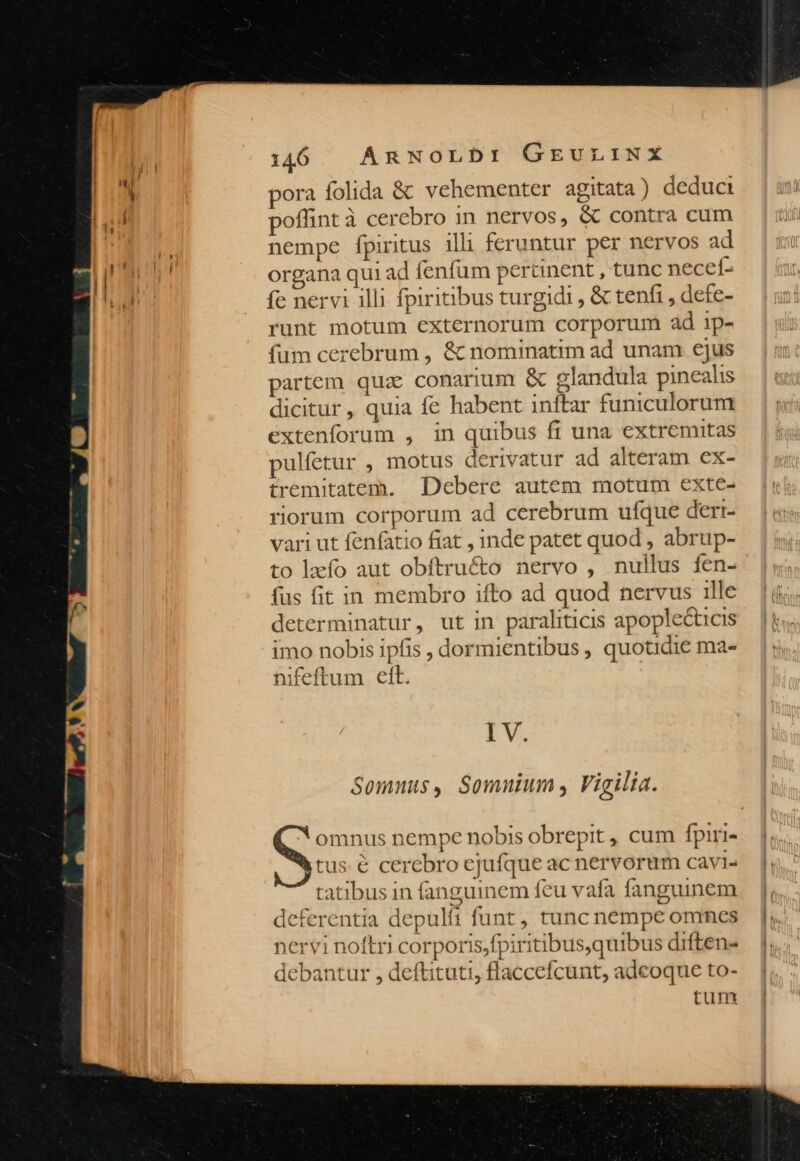 pora folida &amp; vehementer agitata) deduci poflint à cerebro in nervos, &amp; contra cum nempe fpiritus illi feruntur per nervos ad organa qui ad fenfum pertinent , tunc necef- fe nervi illi fpiritiibus turgidi , &amp; teníi , defe- runt motum externorum corporum ad ip- fum cerebrum , &amp; nominatim ad unam ejus partem quz conarium &amp; glandula pinealis dicitur , quia fe habent inftar funiculorum extenforum , in quibus fi una extre mitas pulfetur , motus derivatur ad alteram ex- tremitatem. Debere autem motum exte- riorum corporum ad cerebrum ufque derr- vari ut fenfatio fiat , inde patet quod , abrup- to leío aut obftructo nervo , nullus fen- fus fit in membro ifto ad quod nervus ille determinatur, ut in paraliticis apoplecticis imo nobis ipfis , dormientibus , quotidie ma- nifeftum ett. LV. Somnus, Somnium , Vigilia. omnus nempe nobis obrepit , cum fpiri- tus € cerebro ejufque ac nervorum CAV1I-« tatibus in fanguinem feu vafa fanguinem deferentia depulfi funt, tunc nempe omnes nervi noftri corporis,fpiritibusquibus diften- debantur , deftituti, flaccefcunt, adeoque to- tum