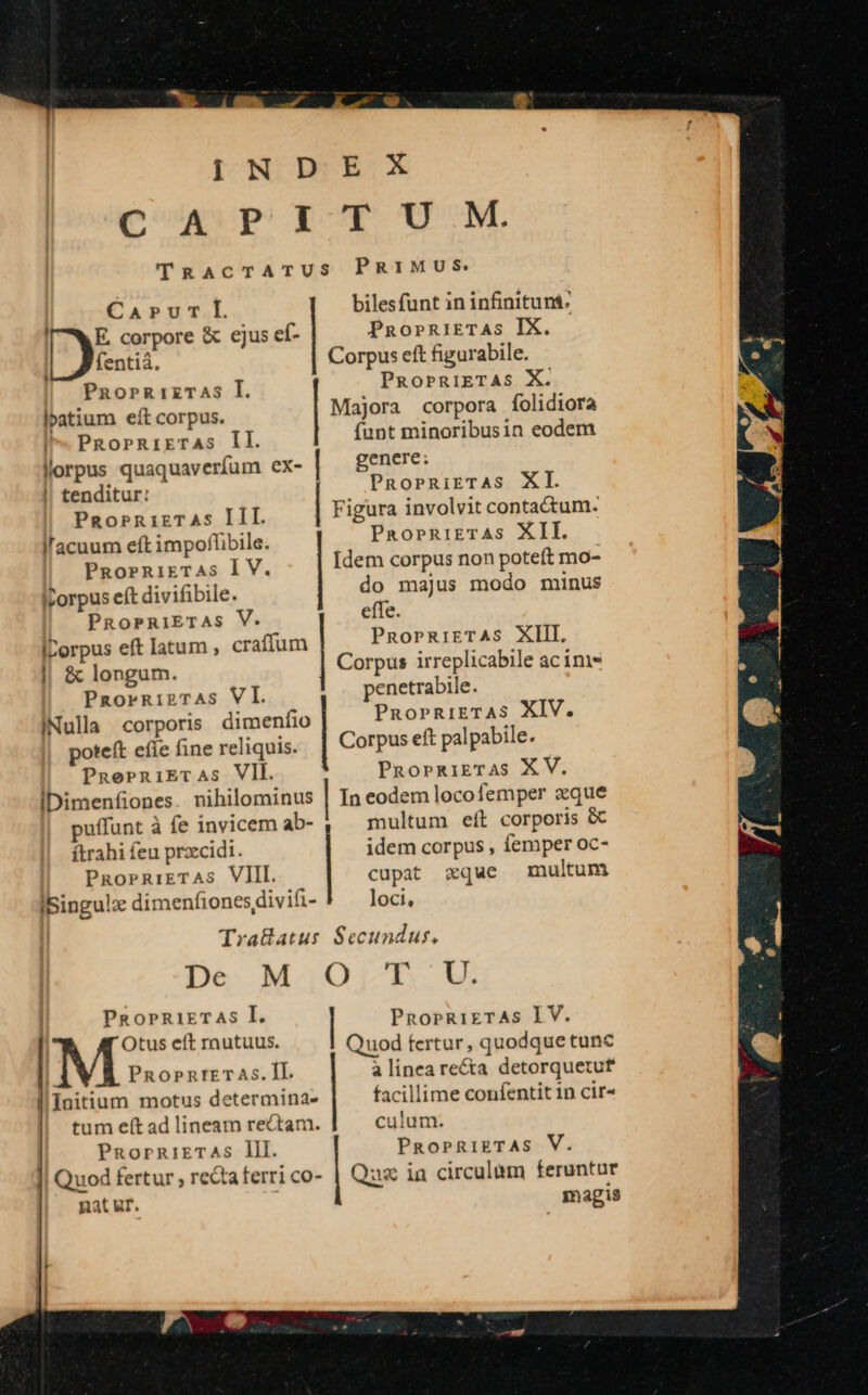 INDEX Cow PIC UCM. TRACTATUS PRIMUS. CaAPvur L bilesfunt in infinituni. I7 E. corpore &amp; ejus ef- PnorniETAs IX. fentià, Corpus eft figurabile. PROoPRiETAS X. Majora corpora folidiora funt minoribusin eodem genere; PRoprRikeTAS XI. Figura involvit contactum. PaoprRriETAS XIL. [dem corpus non poteft mo- do majus modo minus effe. PRoprRiETAS XIII, Corpus irreplicabile acini* penetrabile. PnoPeRiETAS XIV. Corpus eft palpabile. PaRorRizTAS I. lpatium e(t corpus. PRoprRiErTAS Íl. llorpus quaquaverfum ex- | tenditur: PRopenigTAS III. l'acuum eft impoflibile. PRoPRirTAS 1l V. Ivorpus eít divifibile. PRornRiETAS V. Icorpus eft latum , craffum || &amp; longum. PaorRizTAS VI. INulla corporis dimenfio poteft efíe fine reliquis. PneprniETAs VII. PnoprRixzTAS XV. iDimenfones. nihilominus | In eodem locofemper zque puffunt à (e invicem ab- multum eít corporis &amp;€ ítrahi feu przcidi. idem corpus , femper oc- PRaoeniETAS VIII. cupat axque multum iBingulz dimenfiones divifi- loci, Tra&amp;atus Secundus, De. M. ;Oj7b. V. PRoPRiETAS I. PnoprRiETAS IV. M ».. eft rnutuus. Quod fertur, quodque tunc PRopnrETAS. Il. a linea recta detorquetuf llInitium motus determina- facillime confentit 1n cir« tum e(t ad lineam rectam. culum. PRornireTAs lll. PRoprRizTAS V. Quod fertur , re&amp;aferri co- | Qus ia circulum feruntur nat ur. | magis