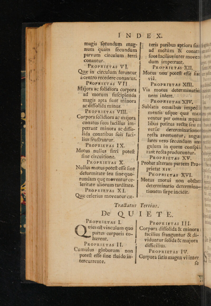 P-N*DUBSX magis fecundum mag- teris paribus aptiora fu num quam fÍfecundum ad motum &amp; conat: parvum circulum . ferri fuos faciliusinter move: conantur. PROPRIETAS VT Quz in circulum feruptur acentro recedere conántus, PRormiETAS VII Majora ac folidiora corpora ad motum fuícipierida magis apta funt milnora acditifofi ida minus PRoPRrIETASs VIII. ( dum impetrant. I PRoPRrIETAS- XII. | Motus rom poteft effe fis Ó; wii. | PRoPRrETAS XIH. | | Via motus determinati ai | nem ihfert, | PRoPRIETAS XIV, i Sublatis omnibus impedi | mentis ufque que mcoj Corpora fo! idiora ac majora ventur per omnia zquz1|i conatus fuos facilius im- libus pofitus re&amp;tz feu a1! | petrant minora ac diffo- vere | determinationeclo: lida conatibus fuis faci- | recta avertuntur, angu y lius früftranrur. lares vero fecundum am PRoPRiETASs IX. | gulum in quem conífpii. Motus nullus fieri poteft rant recta producuntur. fiae circuitione. | PROPRIEÉTAS XV. PROPRIETAS X. Probat alteram partem Pro» v; Nullus motus poteft effe fine | prietat xiv. | deformitate feu fineqno- PRoPRiETAS XVI. runiam que moeventurce- ; Motus motui non obítat:] us. leritate aliorum tarditate. | determinatio determina« | PROPRIETAs XI. tionem fzpe incidit. Quz celerius moventur cz- 1 Tra&amp;Gatus Tertius. De Q U^I-E T E. PRorPntiETAs I. Kf Ww Uieseftvincalum quo partes corporis co- hzrent. PRorniETAS ÍI. PRorR1ixkTAS III. Corpora diffolida &amp; minora: | facilius franguntur &amp; di- | viduntur folida 2 &amp; majora | diffc ilius. e mme: poteft effe (ine fluido in- | Corpora fatis magna vi inter tercurrente, íe