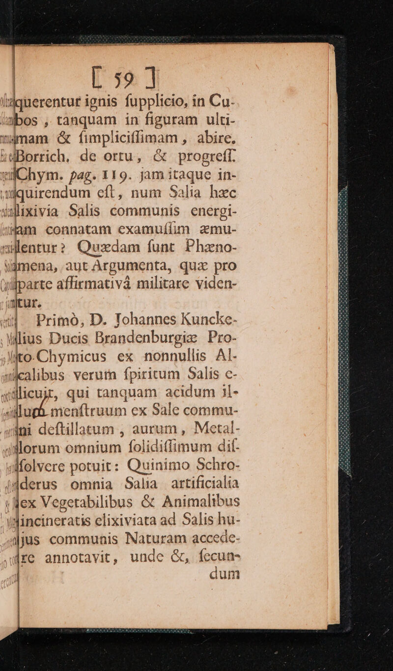 l'áquerentur ignis fupplicio, in Cu- awbos , tanquam in figuram ulti- imam &amp; fimpliciffimam , abire, zuBorrich. de ortu, &amp; progreff. ulChym. pag. 119. jam itaque in- uquirendum eft, num Salia hzc 4qixivia Salis communis energi- Mam connatam examuílim aemu- cilentur? Quszdam funt Phzno- ligmena, aut Argumenta, quz pro (lfparte affirmativà militare viden- antur. Primó, D. Tohannes Kuncke- (dius Ducis Brandenburgiz Pro- to.Chymicus ex nonnullis Al- wdcalibus verutn fpiritum Salis c- qilicujr, qui tanquam acidum il- T menítruum ex Sale commu- quini deftillatum , aurum , Metal- jllorum omnium folidi(fimum dit. lero potuit: Quinimo Schro- |dderus omnia Salia artificialia jex Vegetabilibus &amp; Animalibus (/dincineratis elixiviata ad Salis hu- ijjus commuais Naturam accede- re annotavit, unde &amp;, fecun- dum Nr v 4 Me HT — PG A ( |