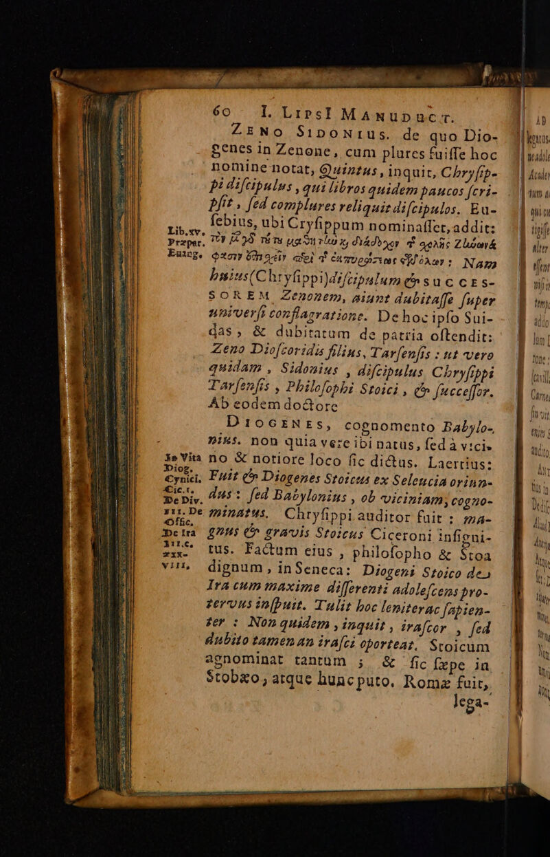 i s | 60 IL LrrsI MANupauc r. | 4p ZENOo SipoNrus. de quo Dio- jus £encs in Zenone, cum plures fuiffe hoc | yall nomine notat, Quiz£us, inquit, Chryfrpa-- 3] dala LZ difcipulus ,qui libros quidem paucos fcri-. ]m« fit . fed complures reliquit difcibulos. Eu- | nin ri, ,,, bius, ubi Cryfippum nominaffct, addit: d gf Praper, 773/420 Té Ts ug ou rU x dYAdbnoy d agis ZhomA — D as Pag. esory noui? eid CATUp9za t S OA cer : Naz Jm ] bniss(Chryfippidi/pulumtpsuccrs- | niji a i 1 SOREM Zenonem, aiunt dubitaffe [uper B n a i univerfi conflagrationc. Dehocipfo Sui- - M uj das, &amp; dubitatam de patria oftendit: lun | Zeno Dio[zoridis filins, T'av[en[ss : t£ vero fone: quidam , Sidonius , difcipulus Chryfibti d il Tarfenfis , Pbilofopbi Stoici , c» fucceffor. Cir, Ab eodem doctore Ino Di106crNrs, cognomento Baby[o- tjs; Pis. non quia vere ibi natus, fed à vici» tudin Je Via no X notiore loco fic dictus. Laertius:  est: Fuit &amp;» Diogenes Stoicus ex Selezicia orinn- Bir ES dus: fed Babylonins , ob ViciniAm; cogno- Dui oma minatus. Chryfippi.auditor fuit : tna- m metra 2795 C^ gravis Stoicus Ciceroni infigni- Átiy aax fus. Factum eius, philofopho &amp; $toa hn, vL dignum, inSeneca: Diogeni Stoico de»  Ira cum maxime differenti adole[ce;s jro- lh zer us in(butt. Tulit boc leniterac fapien- tà fer : Non quidem , inquit , irafcor , fed in dubito tamen an ira[ci oporteat. Stoicum n agnominat tantum ; &amp; fic Íxpe in ui $tob&amp;o, atque huncputo. Rome fuit,  lega-