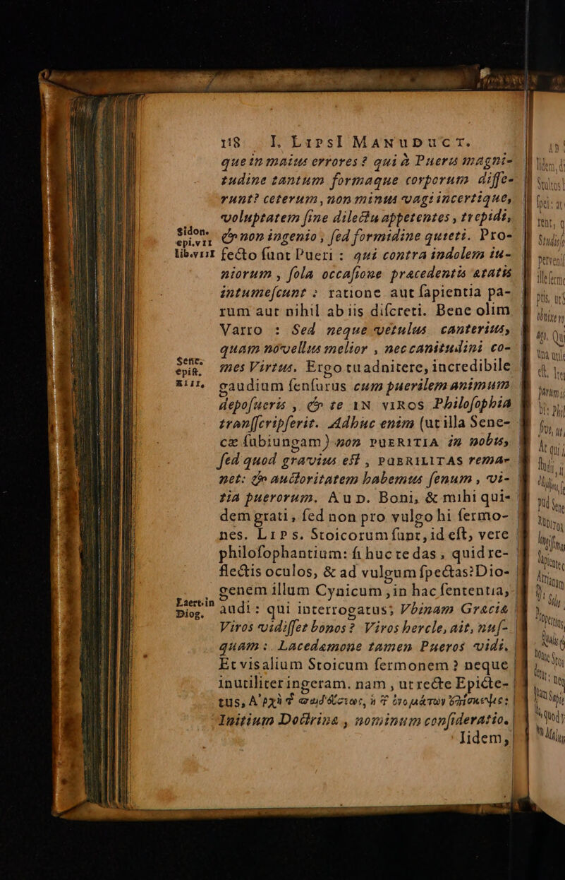 1!8 HN LazPSI MANUDUCT. que in maius errores 2 qui à Puera maghi- THDI ceterum,non mint vagiincertique, voluptatem fine dilectu appetentes , trepidi, ba. (non ingenio , fed formidine quieti. Pro- lib.yrit fe&amp;to fant Pueri : qui contra indolem iu- niorum , fola occafroue pracedentis atatis intume(cumt : ratione aut fapientia pa- rum aut nihil ab iis difcreti. Bene olim Varro : Sed meque vetulus canterius, quat noxoellus melior , neccanitudini co- $n; fmesVirtus. Ergo tuadnitere, incredibile 2^ gaudium ePi Ha e puerilem animum depofueris , € ze 1N vinos Pbilofopbia £ron[[cripferit. Adbuc enim (uvilla Sene- cz fübiungam) som PUERITIA 44 mobts; eo fed quod grarvius efl , PasR1LiTAS rema- dem grati , fed non pro vulgo hi fermo- nes. LiPs. Stoicorum ved id eft, vere fle&amp;tis oculos, &amp; ad vulgum fpectas?Dio- , genem illum Cynicum , in hac fententia; pig, audi: qui interrogatus; Vbinam Gracia Viros voidiffez bonos? Viros hercle, ait, nu[- quam :. Lacedamone tamen Pueros vidi. Et visalium Stoicum fermonem ? neque inutiliter ingeram. nam , ut recte Epicte- tus, A'Pxi d ud (icio, à T ovo jai) Vo etf: Initium Dochrina , nominum con[ideratic. Iidem; £2 perveni ilem ftis, ur üt n Ap, Qm à wy d Ie jon j bi: Dij fv, lf At qu; ludi ll