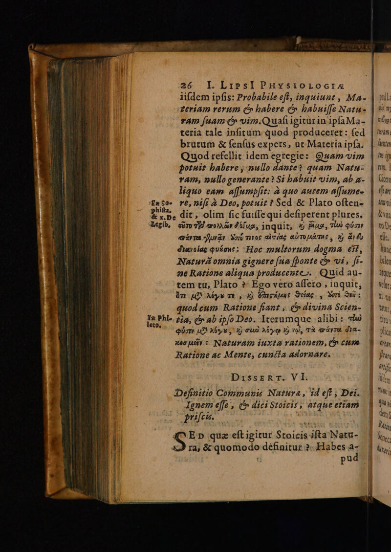 eriam rerum (5 babere &amp; habuiffe Natu- teria tale infirüm quod produceret: fed brutum &amp; feníüs expers, ut.Matetia ipfa. | Quod refellit idem Sn Quam vim M potuit babere nullo dante? quam Natu- liquo eam affumpfit: à quo autem affutmnes- | ase. vé, nifr z Deo, potuit ? Scd. &amp; Plato often- Wi — X^5 dit, olim fic fuiffe qui defiperent plures. | JLegib, süro 7j aro. av d'üluo, inquit, ij png, TA QU eyÁyTOb Pflovdy ors mwroc cdcíag abTOAA HE , xy R6 dyayoíag quécut: ^ Hoc multorum dogma. 6st, li Natura omnia gignere fua [ponte c» vi, fi- M n Ratione aliqua producente». Quid au- ! tem tu, Plato ?- Ego vero affero , inquit, Ii ín uf Aéyx 76,0) 6Taedpeat Deu , De veni i Il quod cum: Ratione fiant ,. «e» divina Scien- l Ia PH. z/3, (br ab ipfo Deo. Icerumque - alibi: hà C^ ebzm ut! Xbys y 1) Guo Aye 1j vd, TX &amp;áyri. dya- meudy: Naturam iuxta vationem, c cum Aatione ac Mente, cuncia adornare. DissrRT. VI. Definitio Communis Natura , id eft , Dei. ED . Agnem effe , c dici Stoicis ; atque etiam 9 E» quz eft igitur Stoicis ifta Natu- J ra, &amp; quomodo definitur? Habes y gu n eg BUT fütnten iteto || TT ] msi | us | toD. | MIS B ocn