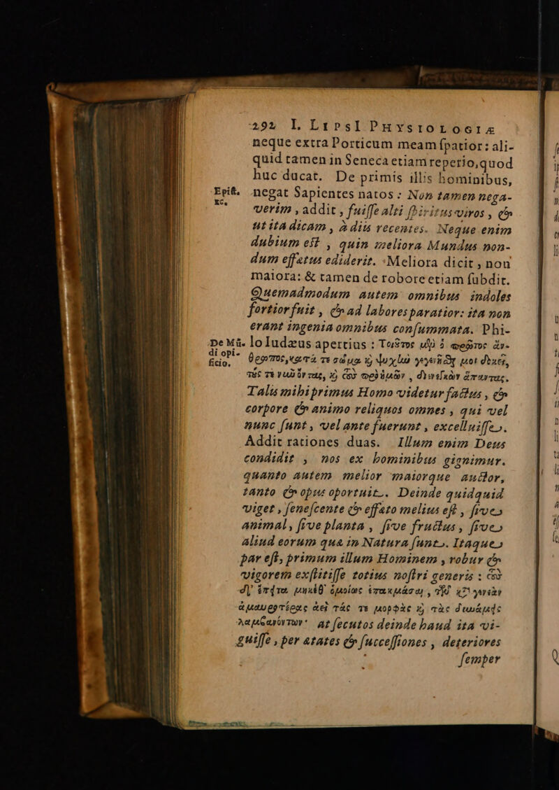 neque extra Porticum meam Ípatior: ali- quid ramen in Seneca etiam reperio,quod huc ducat. De primis ilis hominibus, Epit. .negat Sapientes natos : Non tamen nega- * — verim , addit , fuiffe alei foisitus viros , ^» Ut LÀ dicam , à diis vecentes. Neque enim dubium est , quin izeliora Mundus mon- dum effatus ediderit. :Meliora dicit , nou maiora: &amp; tamen de robore etiam fubdit. Quemadmodum autem: omnibus indoles fortiorfuit , cad labores paratior: ita non erant ingenia omnibus con[ummata. Phi- De Mi. loludzeus apertius DTo$T06 UD 5 eesiroc &amp;v. cn Üegvmoc «eim T6 od um x dux bo eyes uot dizer, TEC Ti Y ur zug, x) GG eb UAR , dac[này Gmarquz. Talis mibiprimus Homo videtur fatus , c» corpore ( animo reliquos omnes , qui vel aunc (nnt , uel ante fuerunt , excellniffe». Addit rationes duas. Illuz) enim Deus condidit , nos ex bominibus gignimur. quanto Autem. melior maiorque. audlor, tanto Cn opus oportuit.. Deinde quidquid viget , fene[cente (* effato melius eft , fioe» aeimal, [ive planta , [roe fructus, fioe» aliud eorum qua in Natura funt». Itaque» par efl; primum illum Hominem , robur e vigoretn ex[Htiffe totius noflri generis : 3 J| ir(re. pusiÜ. ügpoíec éraxmácai , T3U. iT yuriky &amp;juaUgpTioxc Rei TÁC T&amp; Mopiàt x, aàc d'us&amp;pidc AapSmorswv*. az fecutos deinde baud ita vvi- guiffe , per atates (y fucceffiones , deteriores femper