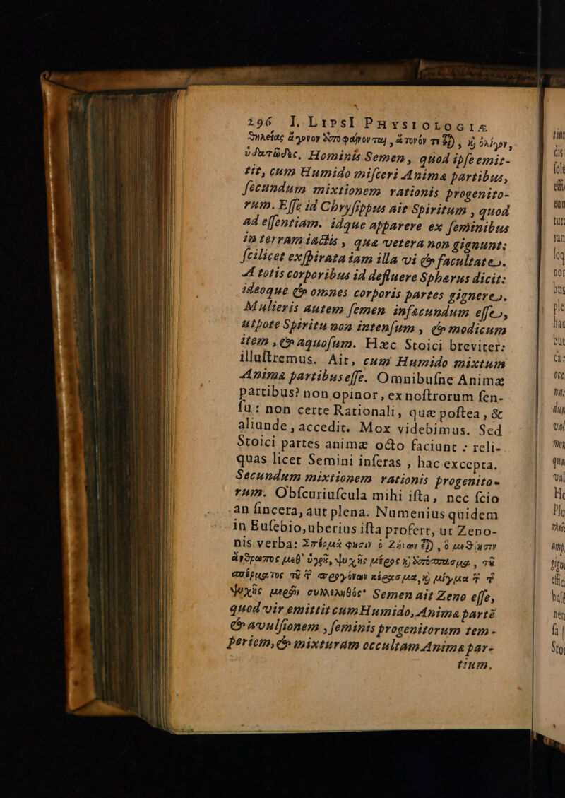 2196 lI.LirsI PHysrOoLiocix SnAefac dopvoy Sero odores , Awtr m $), X OAieor , 2wrüd, Hominis Semen , quod ibfe emiz- Ht, cum Humido mifceri Anima partibus, fecundum mixtionem rationis brogenito- rum. Effe id Chry[fbpus ait Spiritum , quod 4d e[fentiam. idque apparere ex feminibus 1n terram indi qH4 vetera non gianunt: fcilicet exfbirata iam illa vi cb» facultate». 4 totis corporibus id defluere Spbarus dicit: ideoque (o omnes corporis partes gignere». Mulieris autem femen infatundum effe», utpote Spiritu mon inten[um , c modicum item , Cn aquoíum. Hac. Stoici breviter: illultremus. Air, cum Humido mixtum Anima partibuseffe. Omnibufne Anima partibus? non opinor, ex noftrorum fen- fu : non certe Rationali, quz poftea , &amp; aliunde , accedit. Mox videbimus. Sed Stoici partes animz octo faciunt : reli- quas licet Semini inferas , hac excepta. Secundum mixtionem rationis frogenito- 747). Obícuriufcula mihi ifta, nec fcio .an fincera, aut plena. Numenius quidem in Eufebio, uberius ifta profert, ur Zeno- nis verba: Zzéous quz ó Záian 8) , 9 1S uory disparo c [0 0508, Nu y ic ja bgp c x) Puócumcug, TE euípug To: qü Y «vegpyivaM xÁex o jua, x Mya Tg Mexic uie» cuMaNIDUC* Semen ait Zeno effe, quod vir emittit cum Humido, Anima parte C avulfionem , feminis progenitorum tem - perieim, o» wixturam occultam Anima f2r- tium.
