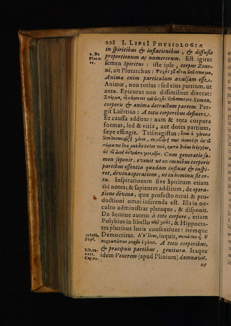 Tv, InStob, Phyt, Lib,xx- VIII, 298 I.LriPsI PHYvstoroG6r« 2 [piritibus qb inflationibus , ct diffufro lemen Spiritus : ifte ipfe , COYbtus Zieno- hi, ait Plutarchus : Yvyic 23 fva) taste pan, Anime enim particulam avulfam effe». Ánimz , non totius : fed eius partium, ue ante. Epicurus non diffimiliter dixerat: Emípua, vàcdtea roe na)doynüc Svbamtz n2. Sene, corporis C» anima detradlam partem, Per- git La£&amp;rtiüs : 44 zotis corporibia defluere». Et cauffa additur: nam &amp; tota corpora format, fed &amp; vitia, aut dotes partium, fxpe effingir. Trifmegiltus : £vur 5 ytyezic SvrowowweM d vivo, Cu A6 and one e&amp;mmitdo cui C42 TOS 0S LA4AY ScÍzy ciV2, toà Sreiay eípyar, à YE dur] Y Spa pvo Mn, Cup) generatio fa. men [eponit , evenit ut ex omnibus Corporis partibus effentia quadam infiuar c» infpi- re? , dioinaoperatione , ut inbomini fiter- 74. Infpirationem five Spiritum etiam ibi notes; &amp; fapienteradditum, de opera- £tone divina , qua profe&amp;o ortui &amp; pro- düctioni omni inferenda-eft. Illain oc- culto adminiftrac pleraque , &amp; difponir. De Semine autem 2 roto corbore , etiam Polybius in libello «&amp; »5c, &amp; Hippocra- tes pluribus locis confentiunt: itemque Democtitus. A'V Oa, inquit, eeu&amp;noy i, 3 XgiaTáTOY Uses ó*ybroe, d fot corporibtus, C pracipuis partibus , genitura. Itaque idem Vezerer (apud Dlinium) daznsavit, nu?