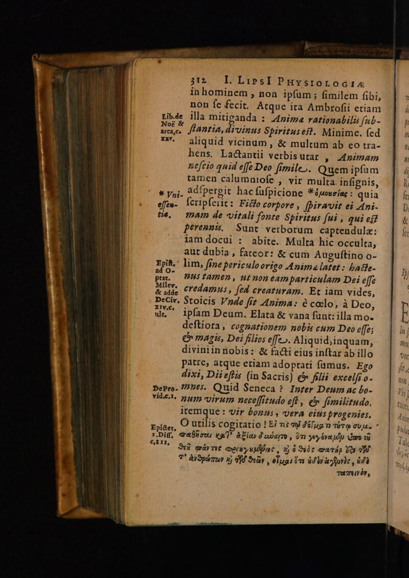 in hominem , non ipfum ; fimilem fibi, non fe fecit. Atque ita Ambrofii etiam ribde illa mitipanda : 44pize rationabilis fab- ied ffantia, divinus Spiritusef?. Minime. fed **. aliquid vicinum, &amp; multum ab eo tra- hens, Lad&amp;antii verbis utar » Animam nefcio quid effe Deo [imile,. Quem ipfum tamen calumniofe , vir multa infignis, * y,;. adÍpergit hac fufpicione Füápoucías : quia efen- leripfeiit: Fido corpore , Jpiravoit ei Ani. te, — Tum de vitali fonte Spiritus fui , qui ei? perensmi. Sunt verborum captendulz: lam docui : abite. Multa hic occulta, aut dubia, fateor: &amp; cum Auguftino o- Epit, lim, ffne periculo origo Anima latet: badle- cbe us tamen, ut non eamparticulam Dei effe allem. credamus, fed creaturam. Ec iam vides, peciv. Stoicis Vnde fit Anima: é coclo, à Deo, ur ipfam Deum. Elata &amp; vana funt: illa mo- deftiora, cognationem nobis cum Deo e[fes e magis, Dei filios effe ». Aliquid;inquam, diviniin nobis: &amp; facti eius inftar ab illo patre, atque etiam adoprati famus. Ego dixi, Diieflis (in Sacris) e» filii excelft o- DePro- 72265. Quid Seneca ?. Inzer Deum ac bo- Vlaet. num ojivum peceffittugdo eft , e fimilitudo. itemque : vir £ozus , era eius progenies, Epiae, O Utilis copitatio ! E niJ Jug m TUUS VPN Dig, &amp;raBirou wu 3l) d'udeyro , Gr yeybyajulu iuro s ponia qáyTi£ «oecuy suae , 1) 0 9ióc exurüp ior vH ?' àiSpámty xj d Sav , eua Um $dir offerte , n Tuy,