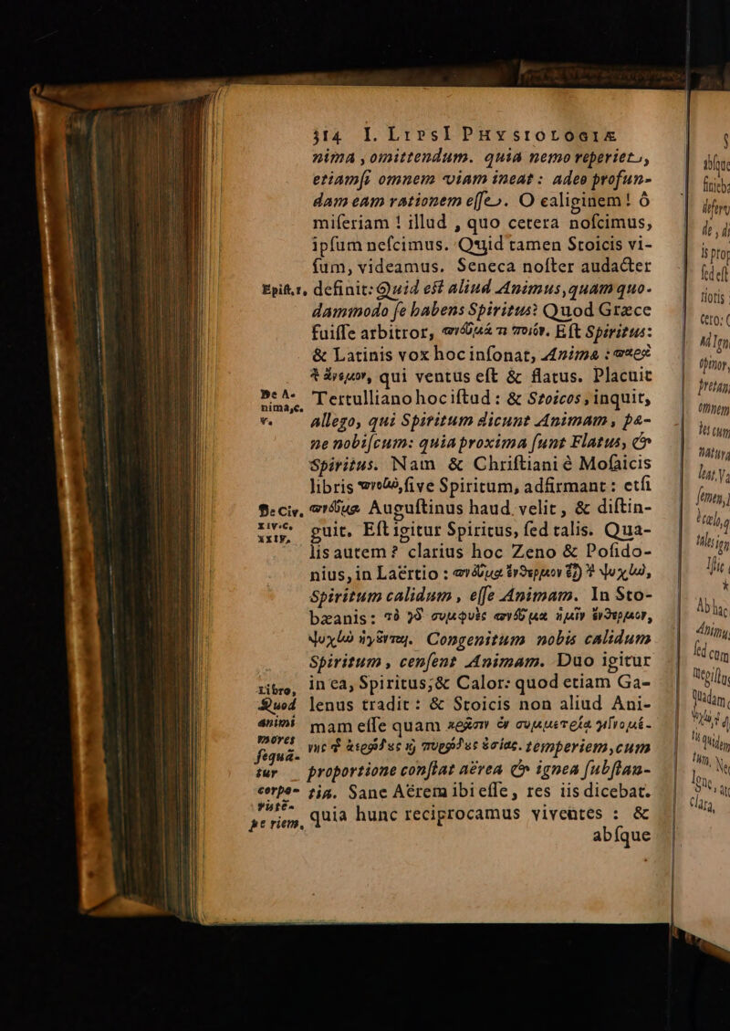 nima , omittendum. quia nemo reperiet, etiam[i omnem viam ineat : adeo profun- dam eam rationem e(fe». O caliginem! ó miferiam ! illud , quo cetera nofcimus, ipfum nefcimus. Q*jid tamen Stoicis vi- fum, videamus. Seneca noíter audacter Epift, definit: Quid est aliud Mnimus,quamquo. dammodo fe babens Spiritus: Quod Grace fuiffe arbitror, «'áiuá m moióv. Eft Spiritus: &amp; Latinis vox hocinfonat, 447i724 : exec 4 deu», qui ventus eft &amp; flatus. Placuit »*^- lertullianohociftad : &amp; Szoicos , inquit, v — Allego, qui Spiritum dicunt Animam , pa- ne nobi[cum: quiaproxima funt Flatus, &amp; Spiritus. Nam &amp; Chriftiani é Mofaicis libris wGà five Spiritum, adfirmant: etfi $:cis, 954 Auguftinus haud. velit , &amp; diftin- ues guit Eftigitur Spiritus, fed talis. Qua- lisautem? clarius hoc Zeno &amp; Pofido- nius, in Laértio : e(ue oppeov 82) ? Nu x09), Spiritum calidum , e[fe Animam. 1n Sto- bzanis: 79 29 vvjQuic exvfo am nj iraep jov, Noxbà wyErrq.. Congenitum nobis calidum Spiritum , cenfent Animam. Duo igitur ribe, inea, Spiritus;&amp; Calor: quod etiam Ga- Sud lenus tradit: &amp; Stoicis non aliud Ani- animi mam effe quam xeen &amp; cuju Tela gvo jui - fequa. ^ d epi us i mupiPus iris. temperiem,cum  proportione con[lat a£rea. C ignea fubflan- cerpe- ;?ig, Sane Aérem ibieíle, res iis dicebat. ac riy, Quia hunc reciprocamus vivcütes : &amp; abíque j tote firieb: fern de d b pto fedeft Hiotis (t0: ( M1 Th 0pimor, braun, 0fhnepy 1t cup; hia lat ya fett tls lili; I fic [ * Ab lac | tiny led Cum