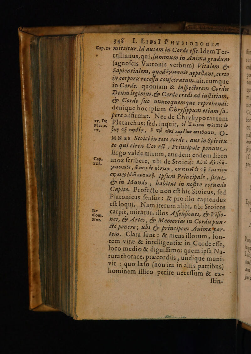 £ E BARRE 2 2 M E 8 Facer aptis cm De €om, Xot. - eA e Le Lissi PHystorocyiz 348 (agnofcis Varronis verbum) Vizaleg? (5 Sapientialem, quod Vy mày Abpellant certo 22 corpori vece[fu conetratum,ait,eamque in Corde. quoniam &amp; In[beclorem Cordus Deum legimus» Corde credi ad iuflitiam, (€ Corde fo HnnuImauemque reprehendi: denique hoc ipfum Chryfibum etiam [a- Pere adfirmat. Nec de Chryfippotantum Platarchus: fed, inquit, «/ Xj eirz dy ühw TP xpo, B om cxi xad íay aieóuan, (). MN ES Szoici in toto corde , aut in Spiritu €0 Qui cirCA Cor eff , Principale ponunt;. Ergo valde mirum, eundem eodem libro mox fcribere, ubi de Stoicis: Aoz MELDE 34MoViROY , d zutp 2p wma , uero muet Óg T4 nue c2ue9i26i noaM, Ipfug Principale , ficut, €» in Mundo , habitat in nofiro rotundo Capite. Profecto non cít hic Stoicus, fed Platonicus fenfus: &amp; pro illo capiendus eftloqui. Nam iterum alibi, nb; Stoicos carpit, miratur, illos A4ffzzfrones, cb Vifio- 165, (o Artes , e» Memorias in Cordis pun - e ponere , ubi (5 principem Anima par- zem. Clara funt : &amp; mens illorum, £on- tem virz &amp; intelligentiz in Corde ele, loco medio &amp; digniffimo: quem ipfa Na- turathorace, przcordiis , undique mani- vit : quo'lzío (non ita in aliis partibus) hominem illico perire neceffum &amp; ex- ftin-