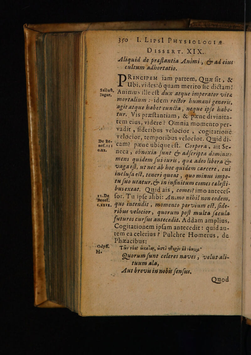 I^EiPSI Da vsiorocisa. DissER T. XI X.. Aliquid de praflantia Animi, £n ad eius cultum adbortatio. RINCIPEM iam partem, Quz fit, &amp; Ubi, vides:ó quam merito fic dictam! da Animus illecít 255 Atque imperator vita mortalium ::idem redlor bumani generis, Agit 4tque babet:cundia , neque ibfe babe- Tür. Vis pracftantiam , &amp; pene divinita- tem eius, videre? Omnia momento per- vadit , fideribus velocior , cogizarioné velocior, temporibus velocior. Quid di- E. Cam? peneubiquecft. Corpera, ait Se- 9?X*- neca, ofno0xja funt C adfcripta domini: mens quidem fuziuri , qu4 Adeo libera qt VAgA*e[t, ut nec ab boc quidem carcere , cui incinfa eft, teneri queat , quo minus impe- zn [uo utatur (c ininfinitum coms caleffi- busexeat. Quid ais, comes? imoantece(- XvDeé for. Tu ipfe alibi: 4:20 nibil non codem, 1 quo intendit , momento pervium est, fide- ribus velocior, quorum poft multa faeuia futuros curfus antecedit, Addam amplius,. Cogitationem ipfam antecedit : quidau- tem ea celerius ? Pulchre Homerus, de Phzacibus: cO4U. ^ Ty yíec DATO, ot] qteepi ib vénua ; Quorum funt celeres navoes , veluzAli- tuum ala, Lut brevis innobis fenfus, Quod