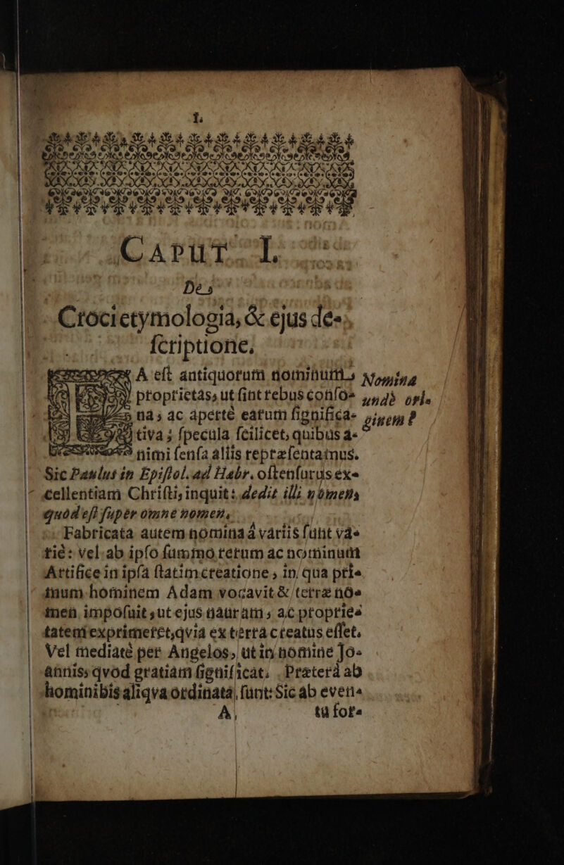 ats Aa SEA 3 s de3m ee VICA QUA IG CNCE DOE SOR Sins SESSEL AESAS AE IO eek BEAR OQA Carurt Des Ctocictymologia, &amp; ejus te Ícriptione, 9 tiva ; fpecula feilicet, qnibus a« emot nimi fenfa aliis reprzfentatmus. Sic adir in Epiflol.ad Habr. oftenfurus ex« cellentiam Chrifti inquit :.ediz illi tj bine quod'eft aper omne tomen, Fabricata autem nominaá variis fütit vd» tic: vel.ab ip(o fummo rerum ac nomina Attificein ipfa flatimcteatione , inqua pri» imum hotninem Adam vocavit &amp; tetra n» ineü impofuit ,ut ejus üaürams ac propriea tatentexprimetet,qvia ex tertà creatus effet, Vel tmediate per Angelos; ut it pomine To: ánniss qvod gratiàm fignif1cat, . Praterà ab liominibis 'aliqvaordinata, fünt:Sic ab ever A. tà fot»