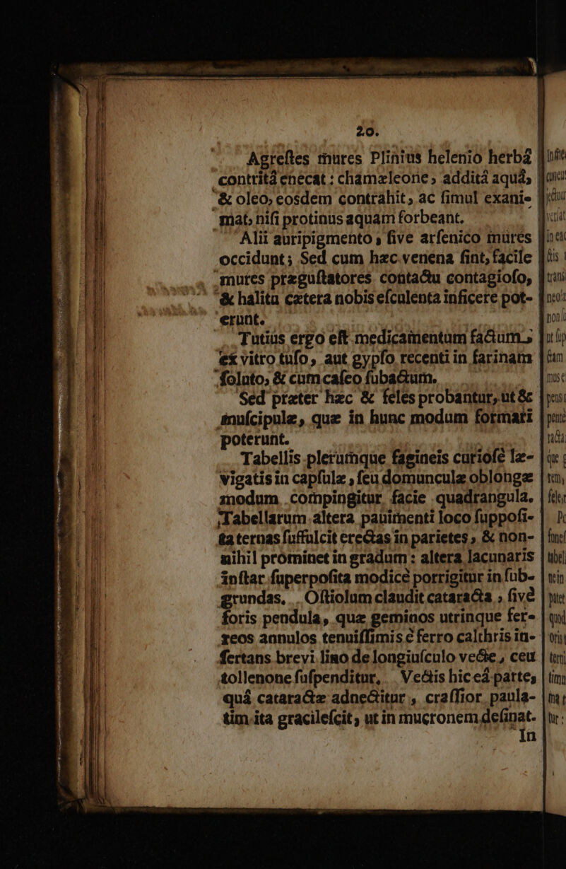 2.9. Agrefles mures Plinius helenio herbá dui conttitá ehecat : chamzleone; addita aqua; qui &amp; oleo; eosdem contrahit, ac fimul exanie fiu gnat nifi protinus aquam forbeant. | m Alii autipigmento » five arfenico müres [fc occidunt; Sed cum hac venena fint; facile [1s mutes prezguftatores conta&amp;u contagiofo, Jui '&amp; halitu czteta nobis efculenta inficere pot- fu: erunt. | duoi . Tutius ergo eft medicamentam faG&amp;um.; [uii ex vitro tufo, aut gypfo recenti in farinam |5un .folnto; &amp; cumcafeo fuba&amp;um. must Sed preter hzc &amp; feles probantur, ut &amp; |yu:: anuícipnle, que in hunc modum fotmati |y: poterunt. ndi Tabellis plerumque fagineis curiofé Iz- |a: vigatisin capfülz ; feu domunculz oblongae |n, zodum .cormpingitur. facie quadrangula. | ft ;Tabellatum.altera pabirmenti loco fuppofi- |. ): £a ternas fuffulcit erectas in parietes &amp; non- nihil prominet in gradum : altera lacunaris inflat füperpofita modice porrigitur in fub- grundas, ... Oftiolum claudit catarada ; five foris pendula, quz geminos utrinque fer- reos annulos tenuiffimis e ferro calthris in- fertans brevi lino de longiuículo ve&amp;ie , ceu tollenone fufpenditur, .. Ve&amp;is hic eá parte; quá catara&amp;z adne&amp;tnr , craffior. panla- tim ita gracilefcit ut in oie ox üu! m Aat eR D pis i D : cue - s Te EC L DALLI- ——.- —— - a iate ma — —M