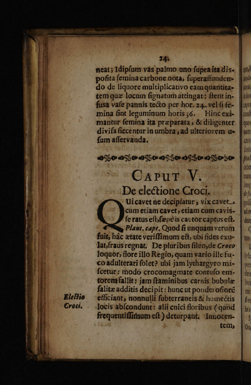 NON meyendi ri SESS Em M Yen ^ ————Ó— 3 pun cm —M — — Kletiio Croct. 24. do de liquore multiplicativo eamquantitas | temqua locum fignatum attingat: flentin- i fusa vafe pannis te&amp;o per hor. 24. velfife- | mina fint legaminum horis36. Hincexi- | mántur femina ita przparata; &amp; diligenter. | divifa ficcentur in umbra ; ad ulteriorem ue fum affervanda. | Uicavet ne decipiatur ; vix cavet. ; fe ratus e(l fepe is cavtorcaptus eft. Plaut, capt, Quod fi unquam verum fuit, hác atate veriffimum eft, ubi fides exu- latfrausregoat, De pluribus fileo;de Croco loquor; flore illo Regio; quam vario ille fu- co adulterati folet? ubi jam lythargyro mi- fcetur: modo crocomagmate contufo em- torem fallit: jam ftaminibus carnis bubole falitz additis decipit: huncut ponderofioré efficiant, nonnulli fübterraneis &amp; hameáis locis abícondunt: alii conici floribus (quod frequentiffimum eft ) deturpant, -Ianocen- | ! tem;