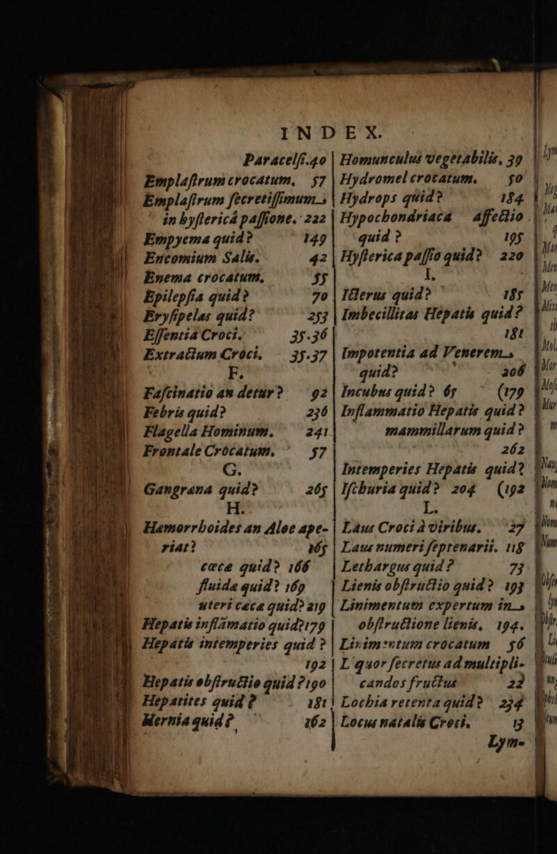 Empyema quid? Entomium Salis. Enema crocatum. Epilepfía quid? Eryfipelar quid? Effentia Croct. Extraélum Croct, Faftinatio an detur ? Febris quid? IM Flagela Hominum. | Frontale Crocatum. UP tub hdi ^o Gangrana quid? rit? Pu Hepatites quid ? M Aernia quid? Hydrops quid? 144 Hypochondriaca. quid ? 19$ 42 Pl 70 . 25 | Imbecillitas Hepat quid? [mpotentia ad Venerem, uid? 206 Incubus quid? 6g (i70 Inflammatio Hepatis quid? 92 236 241 J7 26; ig Letbargus quid ? Linimentuto expertum in.» obfiruttione lienis, 194. hui