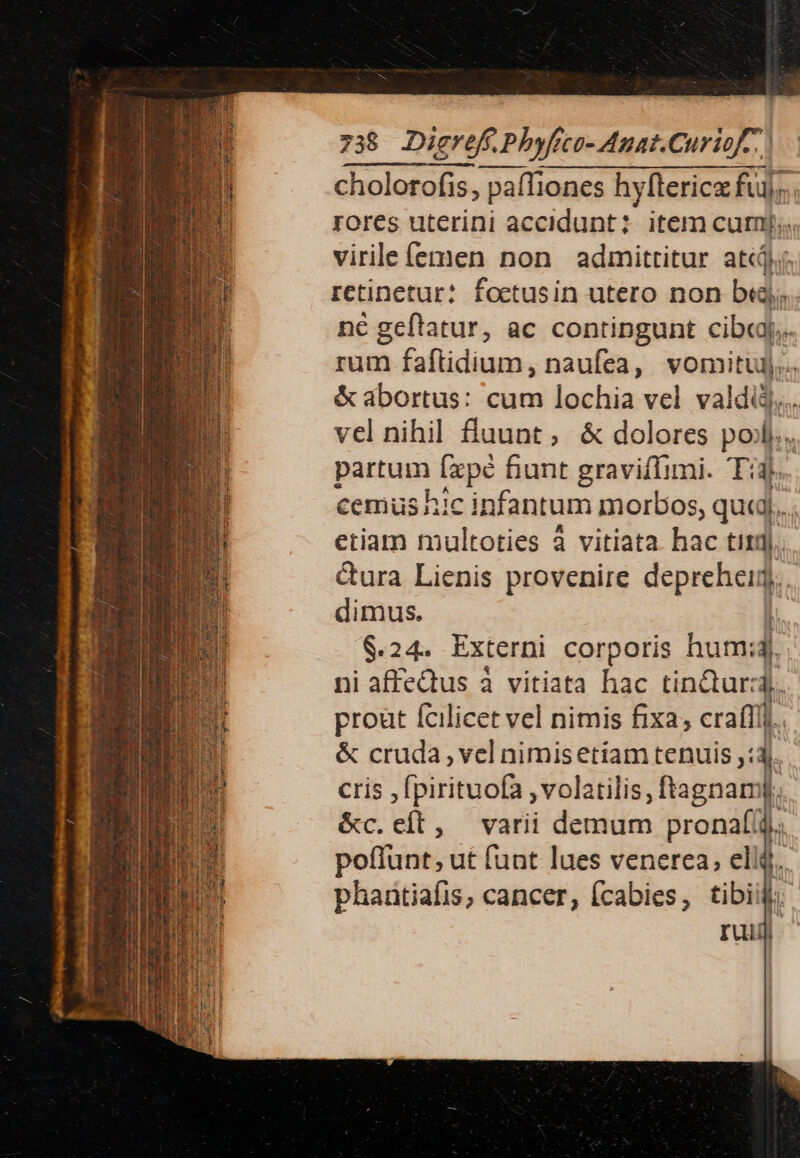 cholorofis, paíiones hyftericz fui; rores uterini accidunt; item cumyj;.« virilefemen non admittitur ati; retinetur? foctusin utero non bid. né geftatur, ac contingunt cibqj,. rum faftidium, naufea, vomitul.. &amp; abortus: cum lochia vel valdià).., vel nihil fluunt, &amp; dolores pol... partum fepe fiunt graviffimi. T3. cemus hic i c infantum morbos, qua)... etiam multoties à vitiata hac tit]. &amp;ura Lienis provenire depreheir d dimus. i $.24. Externi corporis hum: ni affeQtus à vitiata hac pes prout fcilicet vel nimis fixa; craffi]. &amp; cruda, vel nimisetiam tenuis 13. cris , fpirituofà , volatilis, ftagnamy. &amp;c. eit , varii demum pronaf(/j). poflunt, ut fant lues venerea, ell$. phaütiafis, cancer, (cabies, tibi. ruij