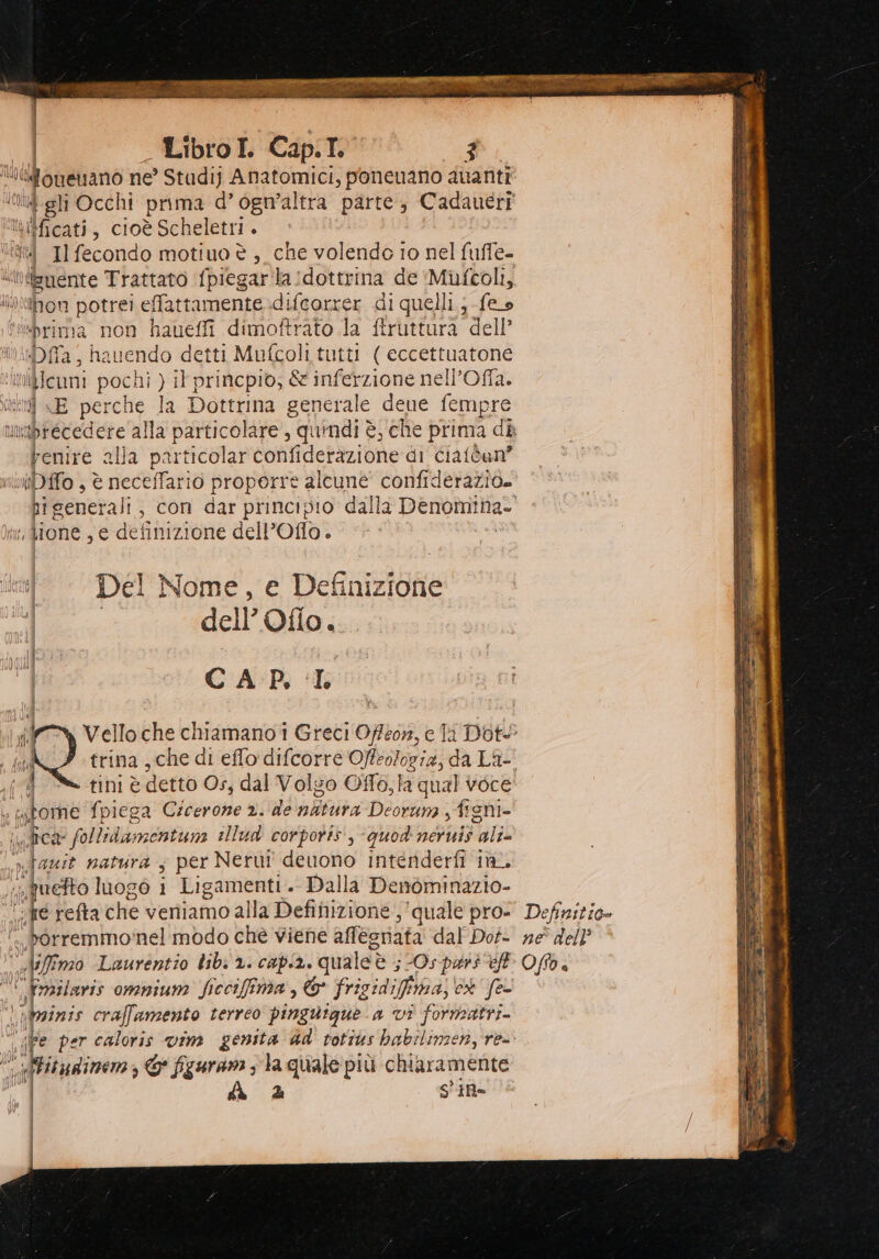nindino ne’ Studij Anatomici, ponenano duanti il bi Ibicati, cioè Scheletri. Us; ”i Il fecondo motiuo è , che volendo io nel fuffe- mente Trattato fpiegar la :dottrina de ‘Muftoli, “whon potrei effattamente difcorrer di quelli, feo ‘“brima non hauefli dimoftrato la firuttura dell’ Dffa, hauendo detti Mufcoli tutti ( eccettuatone sitlcuni pochi ) it princpio, &amp; inferzione nell’Offa. di È E perche la Dottrina generale dene fempre Fenire alla particolar confidetàzione di cialdan* MDffo , è neceffario proporre alcune confiderazio. ione , € definizione dell’ Oflo. Del Nome, e Definizione dell’ Oflo. CAP, trina , che di effo difcorre ona: da La- tini è detto Os, dal Volgo Offo, ta qual voce a (i some fpiega Cicerone x. de niitura Deorun ,fighi- Cd J AAA allud corporis., quod neruis ag 4 Dia naturà ; per Neru! deuono intenderfi in. quefto luogo 1 Ligamenti. Dalla Denòminazio- «fe reftache veniamo alla Definizione ; quale pro: borremmo'nel modo chè viene affeoriata dal Dof- ia Laurentio lib. 1. capa. quale è ; ; Os port eft ‘ Praslaris omnium ficciffima, &amp; frigidifi mas fe sboinis craffamento terreo pinguique a vî formatrr- ife per caloris vim genita dd totius babilinzen, re- ‘itudinem © figuram s la quale più chiaramente A 2 S'iR- Definitio» ne” dell’ O/f0 è
