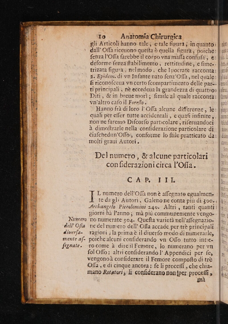 i) ee Yo Anatomia Chirurgica quali per effer tutte accidentali , e quafi infinite, non ne faremo Difcorfo particolare, riferuandoci a dimofîtrarle nella confiderazione particolare di molti graui Autori, Delnumero, &amp; alcune particolari confiderazioni circa l’Ofla. CAP. TIT { L numero dell’Offa nonè affegnate egualmen. giorni hà l’anno; mà più communemente vengo- ragioni ; la prima è il dinerfo modo di numerasle, rocome a dire il Femore, lo numerano per vn fol Offo; altri confiderando l’ Appendici per fe, vengonoà confiderare il Femore compofto di trè Ofla , e di cinque ancora; fe li procetfi , che chia» mano Rotateri; li confiderano nonipet arcani s mi