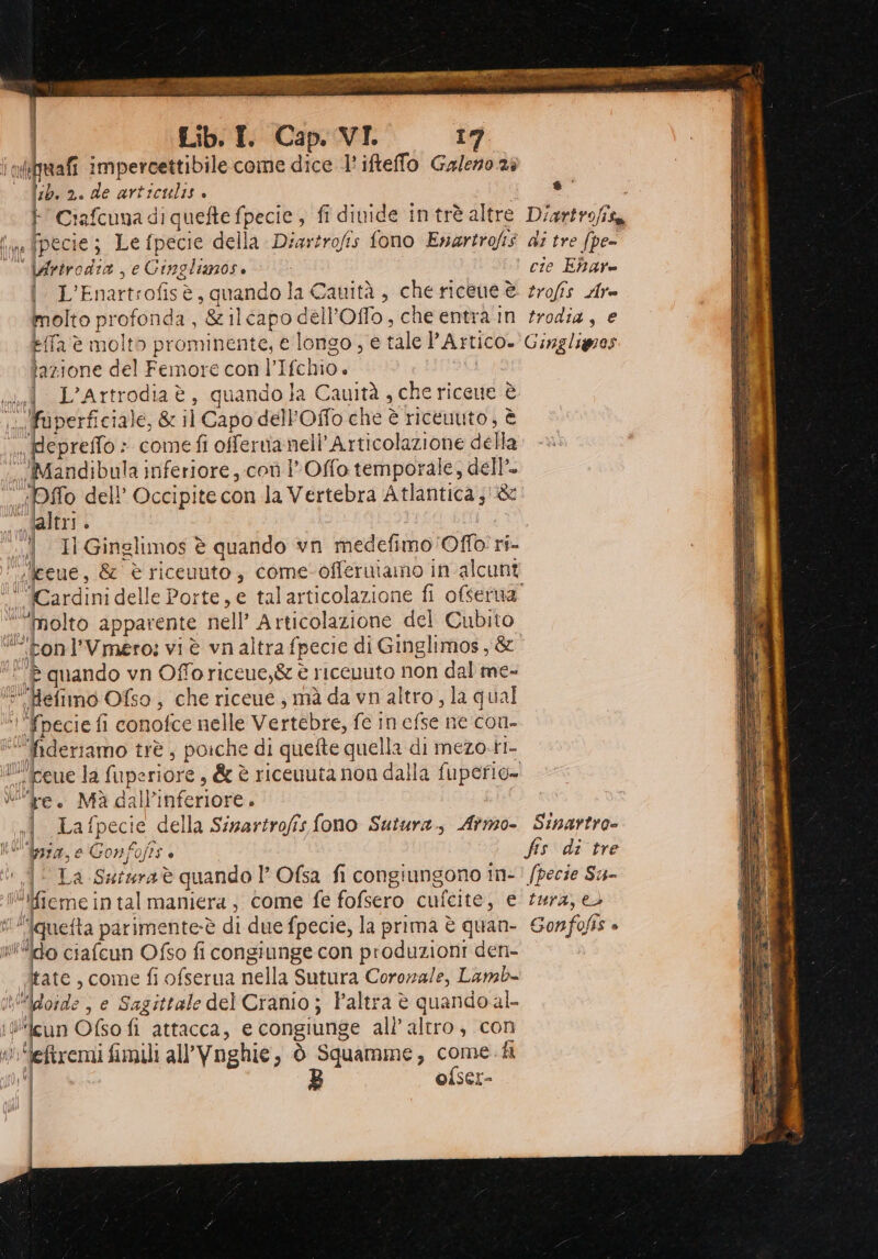 i iruafi impercettibile come dice 1° ifteffo Ga/en0.23 ‘nb. 2. de articilis è» i } Ciafcuna di quefte fpecie , fi dinide in trè altre Digrtrofita fpecie ; Le fpecie della Diartrofis fono Enartrofis di tre fpe- \Artrodia , e Ginglimos cie Eare |. L’Enartrofisè, quando la Cauità , che riceue è rroffs Ar molto profonda , &amp;ilcapodell’Ofo, che entra'in trodia, e Fifa è molto prominente, e longo, e tale lArtico» Ciagligr lazione del Femore con l’ Ifchio ; L’Artrodiaè, quando la Cauità , che riceue è Muperficiale, &amp; il Capo dell'Offo che è riceuuto, è epreffo » come fi offeruaneli’ Articolazione della ‘’Mandibula inferiore, coî Offo temporale, dell’ «fo dell Occipite con la Vertebra Atlantica ;'&amp; daltri. N TI Ginglimos è quando vn medefimo 'Offo ri- leeue, &amp; è riceuuto, come: offeruiamo in alcunt lea rdini delle P orte, e talarticolazione fi ofserna” ‘’Molto apparente nell’ Articolazione del Cubito “pon l’Vmero: vi è vn altra fpecie di Ginglimos, &amp; si: quando vn Offo riceue,&amp; è riccuuto non dal me- mene: Ofso; che riceue, mà da vn altro , la qual ‘’fpecief fi conofce nelle Vertebre, fe in che ne Con= lfideriamo trè ; poiche di quefte quella di mezo.t1- agcevie la fupe riore, &amp; è riceuuta non dalla fuperio= Vite. Mà dall’inferiore. hi Lafpecie della Sizarirofis fono Sutura., Atmo- Sinartro- bia, e Gonfi 0fts è fis di tre (9° La Sururaè quando l'Ofsa fi congiungono in-! (pecie S4- ‘’Hfieme intalmaniera, come fe fofsero cufcite, e tura, ei “que fta parimente:è di due fpecie, la prima è quan- Gonfofis » È ciafeun Ofso fi congiunge con produzioni den- tate, come fi ofserua nella Sutura Cororzale, Lamb- Ulicide , e Sagittale del Cranio; Paltra è quando al- !licun Ofso fi attacca, e congiunge all’ altro, con #‘leftremi fimili all’ Voghie, è , ò Squamme, come. hi p°) ofser- | | c- è * f MIOTTO | | nato