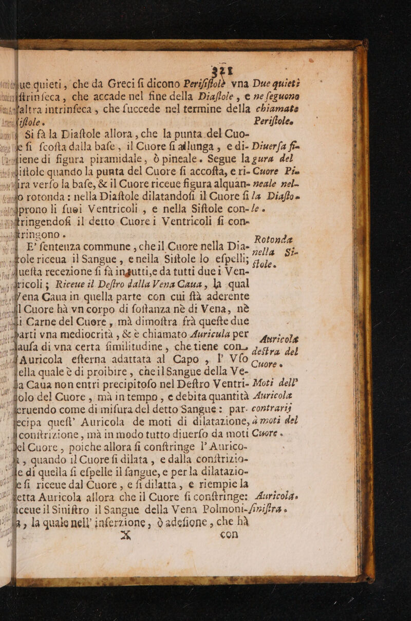 | sît imtlue quieti, che da Greci fi dicono Peri/fifolè vna Due quieti Minfftrinfeca, che accade nel fine della Diaffole, e ne feguona imanfaltra intrinfeca , che fuccede nel termine della chiamate ma fi/ole » Periftoleo ny(d «Si fà la Diaftole allora, che la punta del Cuo- ide fi fcofta dalla bafe, il Cuore fi allunga, e di- Diuerfa fia [\reliene di figura piramidale, è pineale. Segue la gura del xiiftole quando la punta del Cuore fi accofta, € ri- Cuore Pie wrlira verfo la bafe, &amp; il Cuore riceue figura alquane negle zel- valo rotonda : nella Diaftole dilatandofi il Cuore fi /a Diaffo è jnfprono li fuei Ventricoli., e nella Siftole con- /e . \x&amp;ringendofi il detto Cuore i Ventricoli fi con- ipitrinsono . ‘.d E’fentenza commune; che il Cuore nella Dia» w ole riceua il Sangue, enella Siftole lo efpelli; i Auefta recezione fi fà ingutti,e da tutti due 1 Ven- «gricoli; Ricewe il Deflro dalla Vena Gana, la qual «i W ena Caua in quella parte con cui ftà aderente “gl Cuore hà vn corpo di fottanza nè di Vena, nè “wi Carne del Cuore ,.mà dimoftra frà quefte due $ quit vna mediocrità , &amp; è chiamato Auricula per fyricole .taufa di vna certa fimilitudine , chetiene con, ,,g 7 ae | Stra del .fAuricola efterna adattata al Capo ,. I _V(o : Sella quale è di proibire, cheil Sangue della Ve- da Caua nonentri precipitofo nel Deftro Ventri- Moti dell’ dolo del Cuore , mà intempo, e debita quantità Auricole ‘ feruendo come di mifura del detto Sangue: par. contraris fecipa que’ Auricola de moti di dilatazione, 4 wsoti del jconitrizione, mà inmodo tutto diuerfo da moti Cuore » «del Cuore , poiche allora fi conftringe 1° Aurico- ‘i, quando il Cuorefi dilata, e dalla conttrizio- “Ae di quella fi efpelle il fangue, e perla dilatazio- Me fi riceue dal Cuore, e fi dilatta, € riempie la * fetta Auricola allora che il Cuore fi con&amp;ringe: Auricolg. Accueil Siniftiro il Sangue della Vena Polmoni-/iriffra è ia, da quale nell’ inferzione, ò adefione, che ha } p,4 con Rotonda nella Sie Sftole è Cuore è fighe fl CE A, ZE = = = == =_=