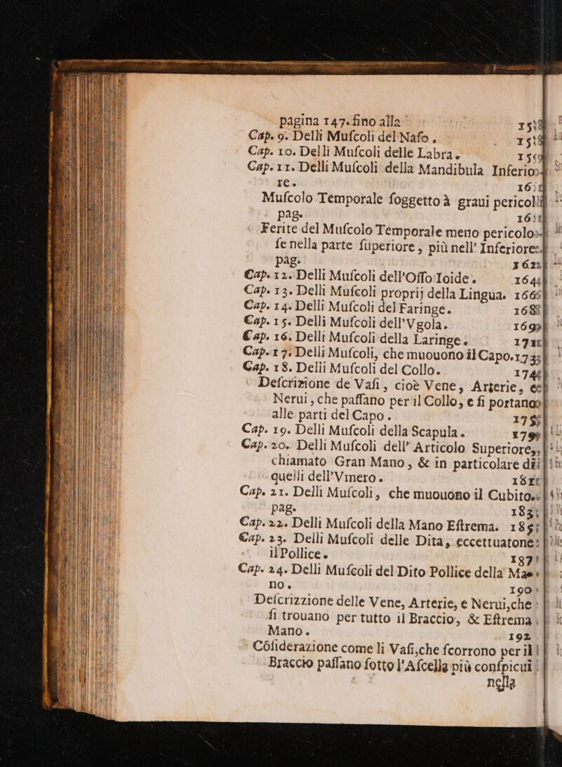 pagina 147.fino alla | 1558 Cap. 9. Delli Mufcoli del Nafo, _ 7518 Cap. 10. Delli Mufcoli delle Labra. 156 Cap. 11. Delli Mufcoli della Mandibula Inferio». re. I6:Ù . Mufcolo Temporale foggetto è graui pericollii * pas 16:!L Ferite del Mufcolo Temporale meno pericolo; fe nella parte fuperiore, più nell’ Inferiore. . pag. 3 G22f €ap.12.-Delli Mufcoli dell'OfoToide. 1644 Cap. 13. Delli Mufeoli proprij della Lingua. 1666 Cap. 14. Delli Mufcoli del Faringe. 1688| Cap. 15. Delli Mufcoli dell’Vgola. 1699 € ap. 16. Delli Mufcoli della Laringe. 171L Cap. 17: Delli Mufcoli, che muouono il Capo.1733| Cap. 18. Delli Mufcoli del Collo. 1748 Defcrizione de Vafi, cioè Vene, Argerie, «&amp; Nerui ; che paffano perl Collo, e fi portanop] alle parti del Capo. 17 $$ Cap. 19. Delli Mufcoli della Scapula . 579) Cap. 20. Delli Mufcoli dell’ Articolo Superiores, chiamato Gran Mano, &amp; in particolare dîì quelli dell’Vmero . ISEL Cap. 21. Delli Mufcoli, che muouono il Cubitosi pag. 1833;| Cap. 22. Delli Mufcoli della Mano Eftrema. 1 Ssil' Cap. 13. Delli Mufcoli delle Dita, eccettuatone* il Pollice + 197! Cap. 24. Delli Mufcoli del Dito Pollice della Mae» no è» 190) Defcrizzione delle Vene, Arterie, e Nerui,che fl trovano per tutto il Braccio, &amp; Eftrema Mano. 192 ‘ Coliderazione come li Vafi,che fcorrono per il | Braccto paflano fotto l’Afcella più co if | nella
