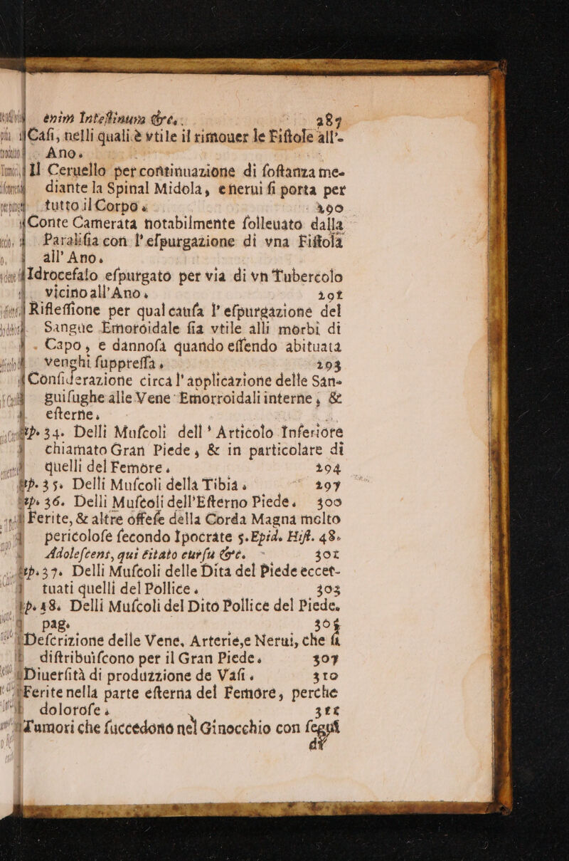 till i enim Inteflinura chre, 287 ih 4Cafi, nelli quali.è wtile il rimouer le Rifiole all: 3 ukiof .. Ano» im, LI Ceruello pet continuazione di foftanza me- mvid diantela Spinal Midola, efierni fi porta ur nie: tutto il Corpo a i Conte Camerata notabilmente folleuato dalla ri, d Paralifia con l’efpurgazione di vna Fiftola i all’Ano. lag! #Idrocefal o efputgato per via di vn Tubertolo i. vicinoall’Ano. L9t et id Rifetfione per qualcanfa l’efpurgazione del Kid Sangue Emotoidale fia vtile alli morbi di i . Capo, e dannofa quando effendo abituata hdi venghi fuppreffa, 293 I A Confide razione circa l’avplicazione delle Sane [Wi =guifughealle Vene Emorroidali interne; &amp; @ efterne. Pe valid 34. Delli Mufcoli dell* Articolo Inferiore d. chiamatoGran Piede, &amp; in particolare di «il quelli del Femore. | 294 fd. 35» Delli Mufcoli della Tibia» 297 ip: 36. Delli Mufeoli dell'Efterno Piede. 300 iu \ì Ferite, &amp; altre offefe della Corda Magna melto °d pericolofe fecondo Ìpocrate 5.Epid. Hif. 48. Adolefcens, qui ditato curfu €66. - 30L .&amp;tp:37. Delli Mufcoli delle Dita del Piede eccet- “ tuati quelli del Pollice . 303 bb. 56. Delli Mufcoli del Dito Pollice del Piede, Lul Bicerizione delle Vene, Arterie,e Nerui, che fi î diftribuifcono per il Gran Piede. 307 “’ADiuerfità di produzzione de Vafi. 310 ‘&amp;Ferite nella parte efterna del Femore, perche i i dolorofe è ZE ‘ATumori che fuccedono nel Ginocchio con (egg